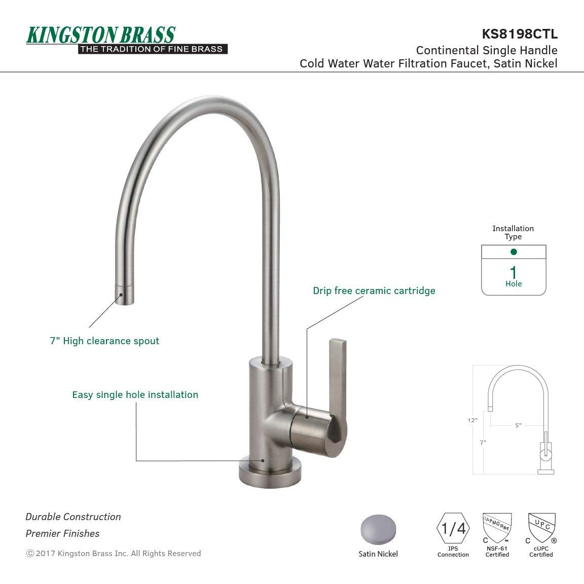 KINGSTON BRASS KS8198CTL Continental Water Filtration Faucet, 5.88 x 2.19 x 11.13, Brushed Nickel
