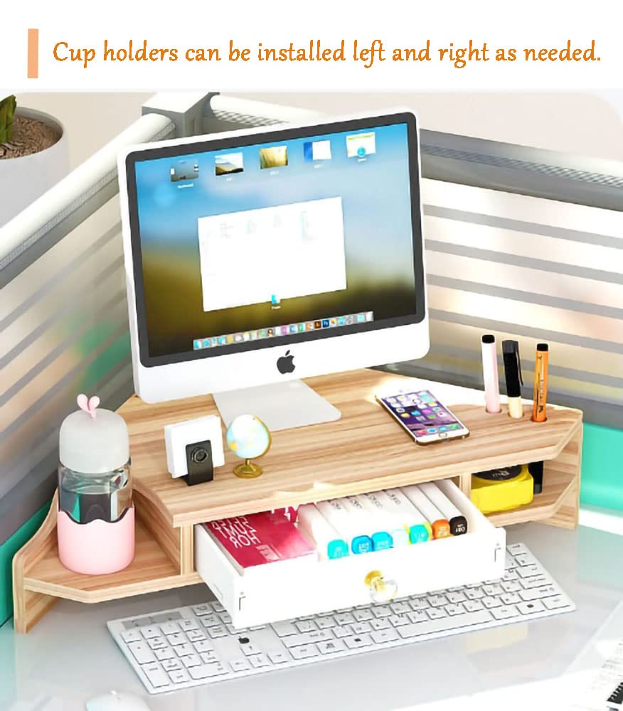 KUAIYU Triangle Monitor Stand Riser,Cut Triangle Save Space Desktop Corner,Desktop corner shelf with drawers wooden computer stand with storage laptop risers office organization. (Have drawers)