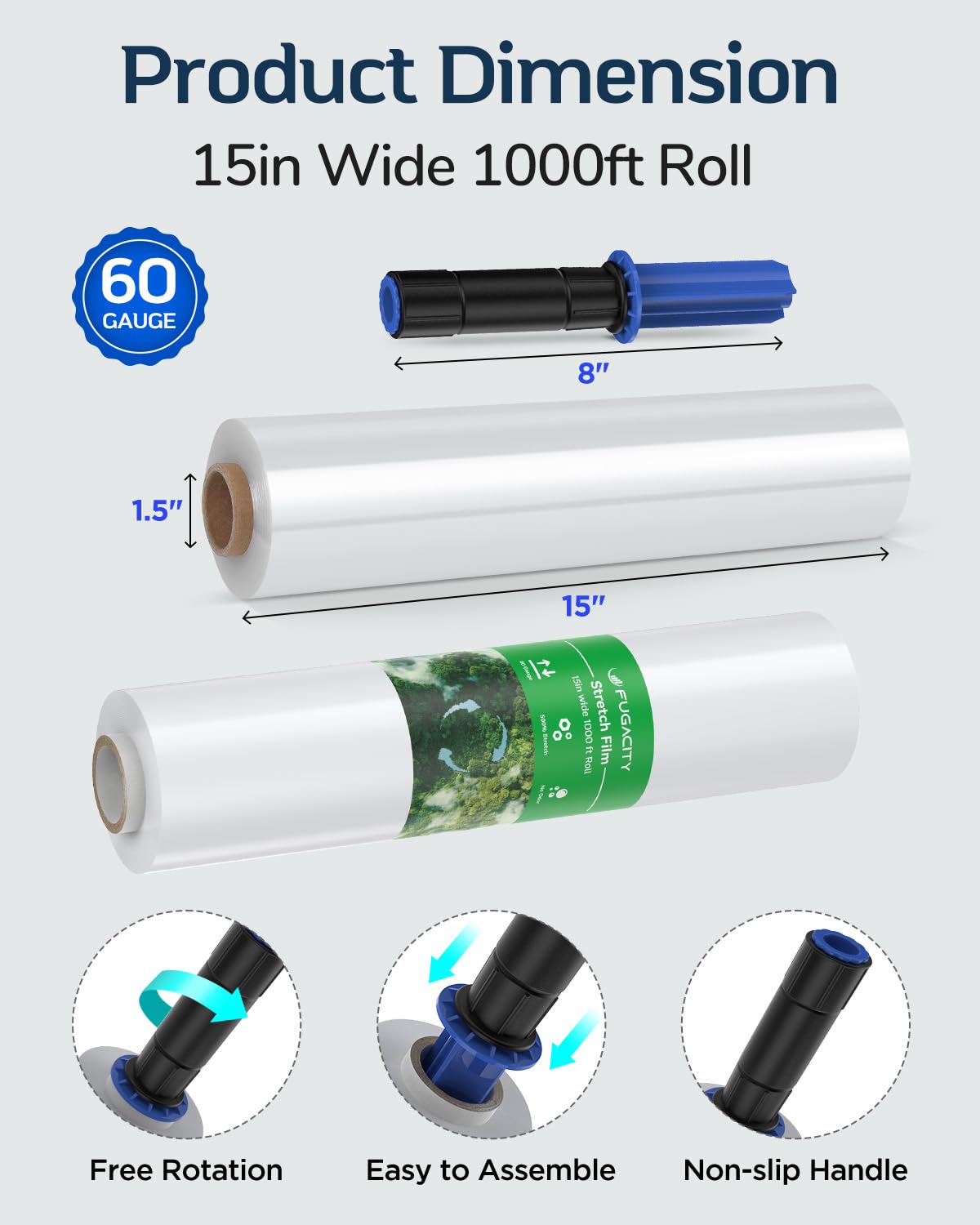 FugaCity Stretch Wrap Film-15 in 1000 FT 60 Gauge Shrink Wrap for Furniture Wrapping Shipping, Moving Supplies Clear Plastic Wrap, Heavy Duty Industrial Strength,500% Stretch(4 Roll with Handles)