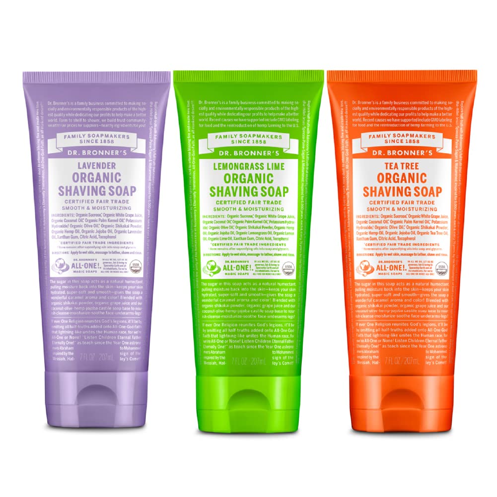 Dr. Bronner's - Organic Shaving Soap Variety Pack - Lavender, Tea Tree, & Lemongrass, Certified Organic, Sugar & Shikakai Powder, Moisturizes, Use on Face, Underarms, & Legs (7oz, 3-Pack)