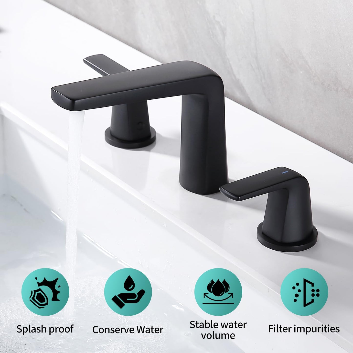 JAKARDA 8 inch 2 Handles Widespread Bathroom Faucet 3 Holes with Pop up Drain Assembly and Water Supply Lines (Black)