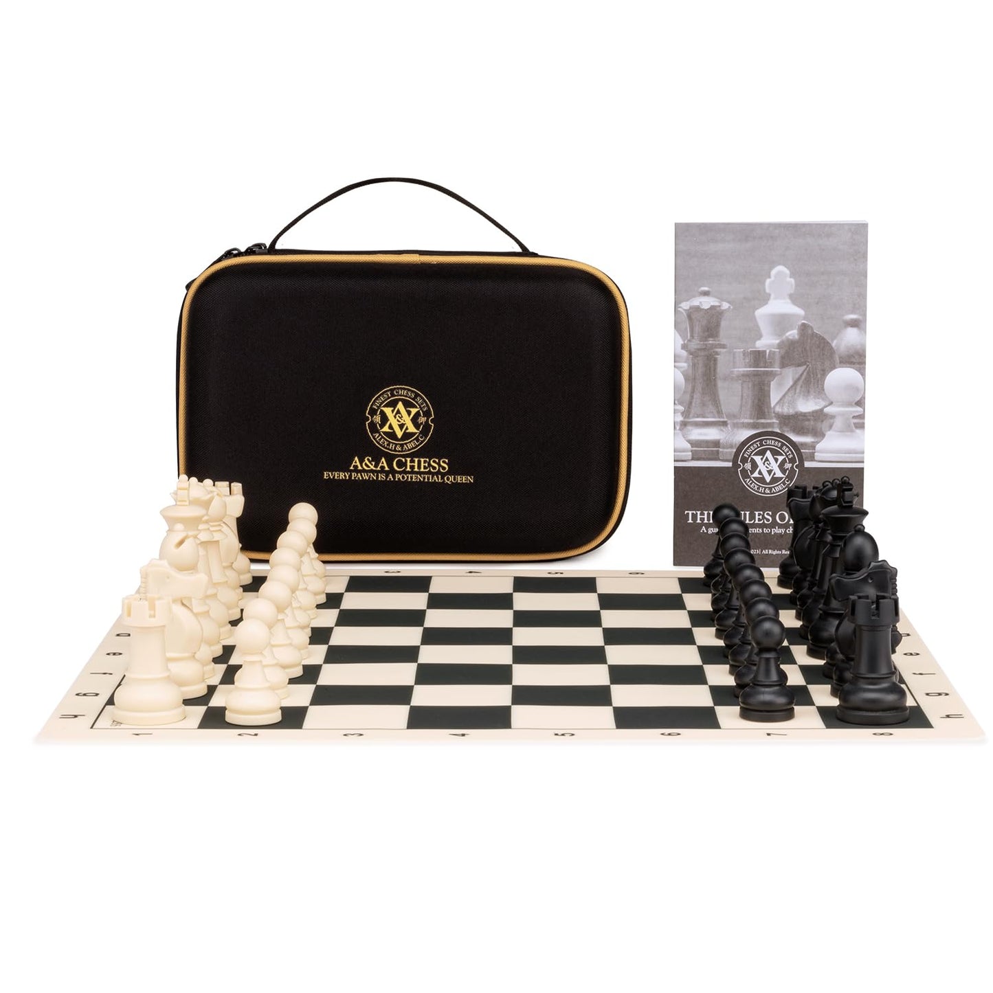 A&A Chess Set - 15''x15'' Foldable Silicone Chessboard and 3.25'' King Height Weighted Plastic Staunton Pieces with Carrying Case for Portable Travel