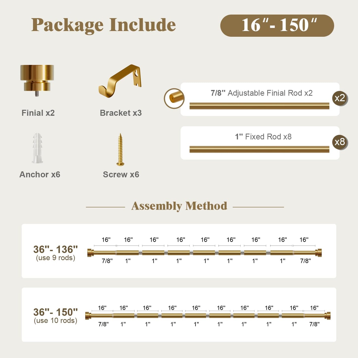 Oneach Heavy Duty Curtain Rods for Windows 72 to 144 Inch, 1 Inch Brass Gold Curtain Rod, Adjustable Length Rod with Metal Finials, Modern Decorative for Bedroom Kitchen Living Room
