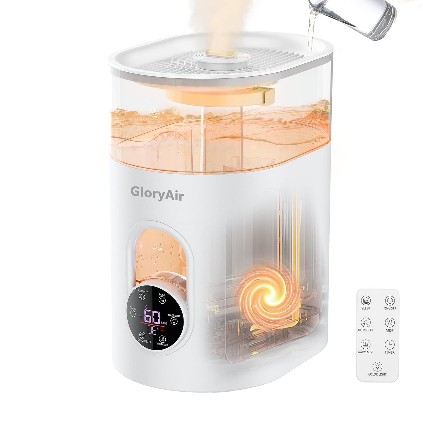Humidifiers for Bedroom Large Room Home - GloryAir 6L Quiet Top Fill Cool & Warm Mist Humidifier with Smart Humidity Control, Remote Control, 7-Color Light, Humidistat, Oil Diffuser