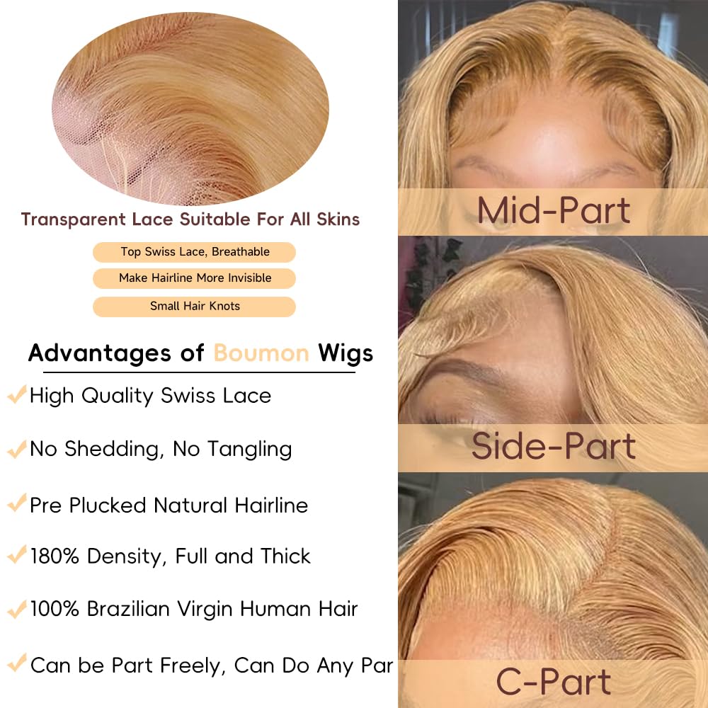 Honey Blonde HD Lace Front Wig Human Hair Pre Plucked Body Wave Honey Blonde Wig Human Hair 200% Density Lace Frontal Wigs Colored 27# 28 Inch