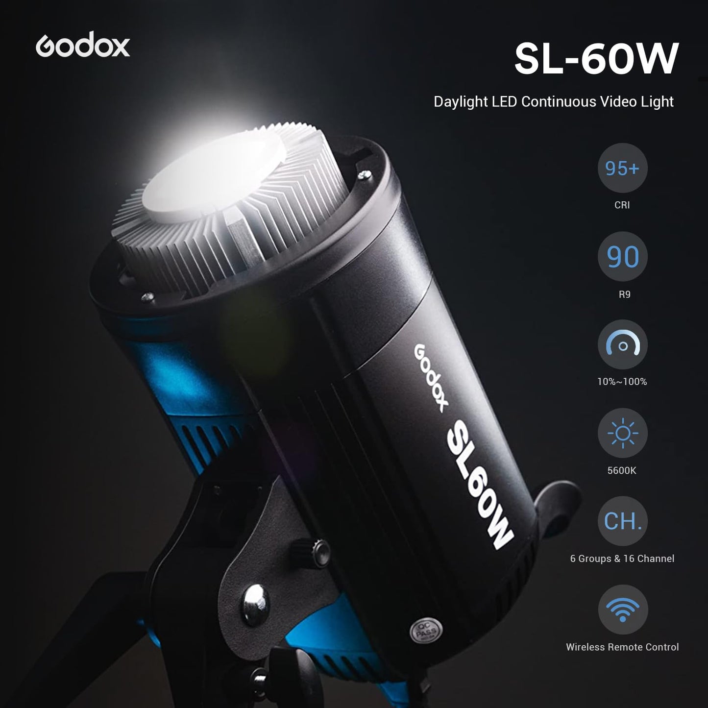 Godox SL-60W SL60W CRI95+Qa>90 5600±300K Bowens Mount LED Video Light,433MHz Grouping System,Wirelessly Adjust Brightness,for Video Recording Wedding Outdoor Shooting,W/Reflector