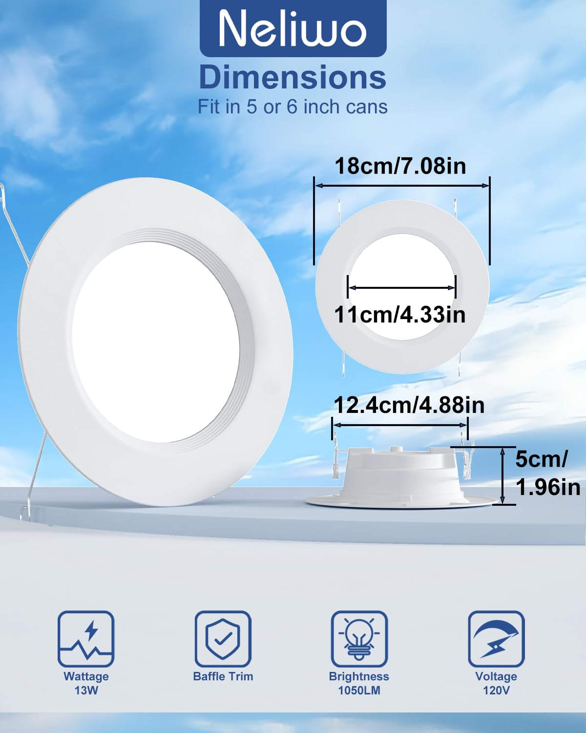 Neliwo LED Recessed Lighting 6 inch/5 inch, Smart RGB Bluetooth Can Lights, 13W 1050LM, Color Changing, Retrofit Led Recessed Light Compatible with Alexa for Bedroom Living Room Kitchen, 6Pack