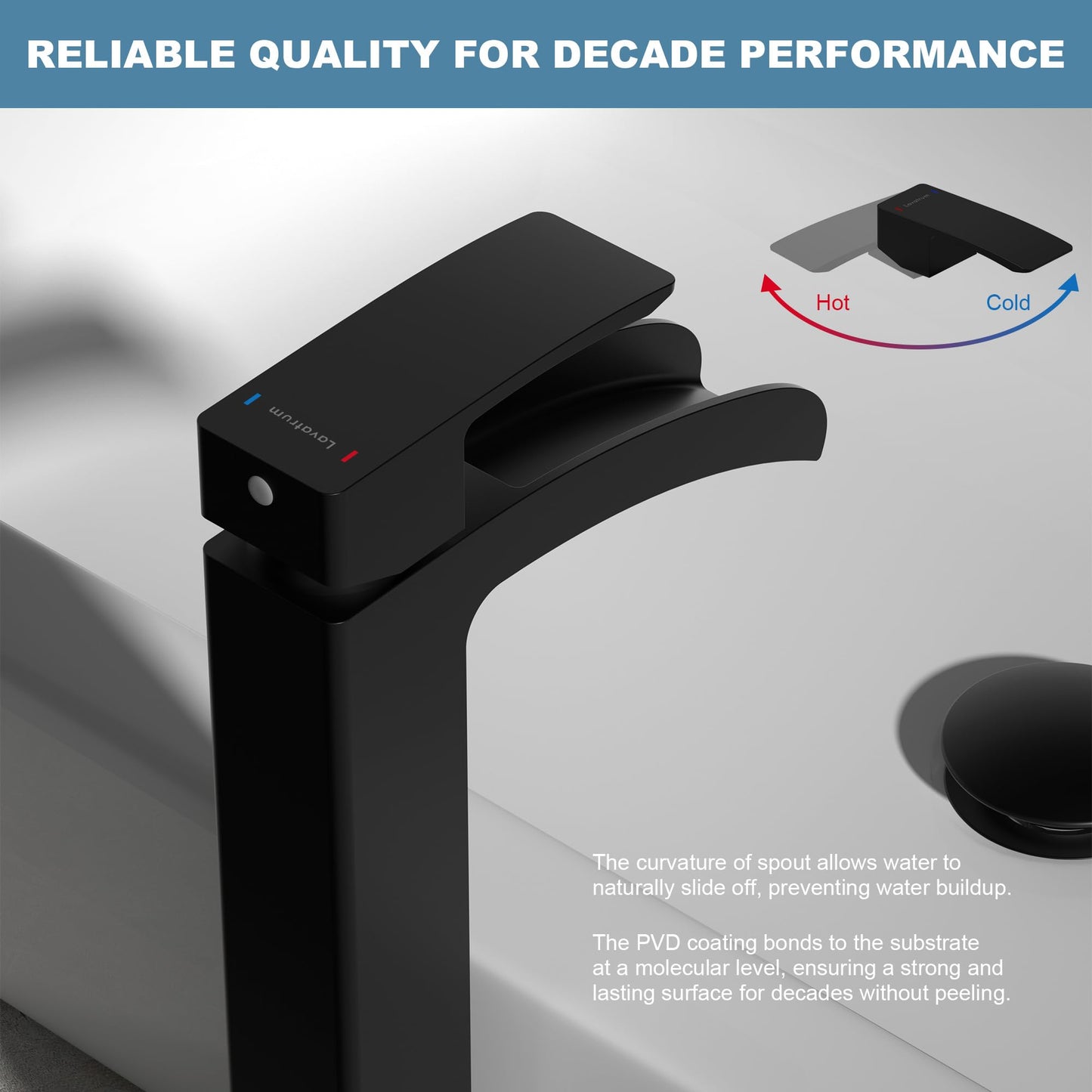 Lavatrum Bathroom Faucet Tall Vessel Faucet Matte Black Waterfall Deck Mount Single Handle Lavatory with Water Supply Line Lavatory Vanity
