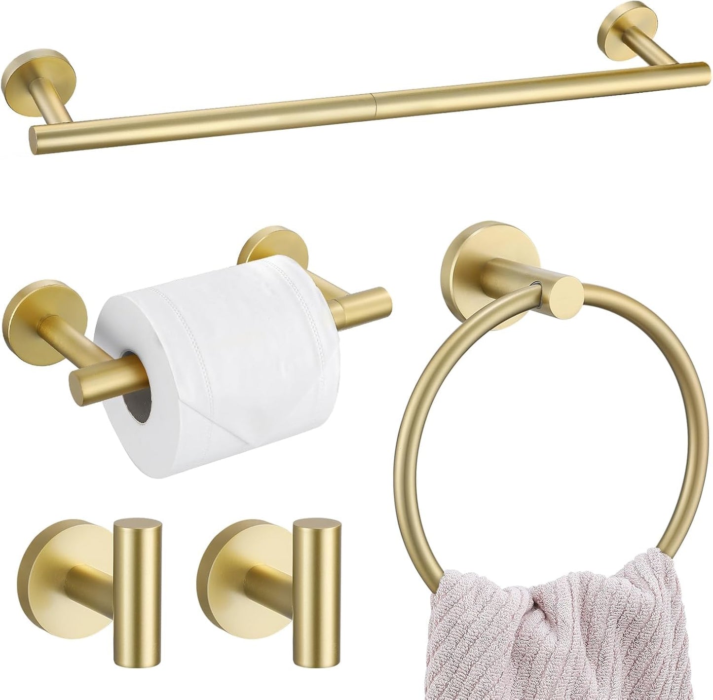 TURS Brushed Gold 5 Piece Bathroom Hardware Set, SUS304 Stainless Steel Bath Towel Bar Set, 23.6 Inch Round Bathroom Accessories Kit Wall Mounted