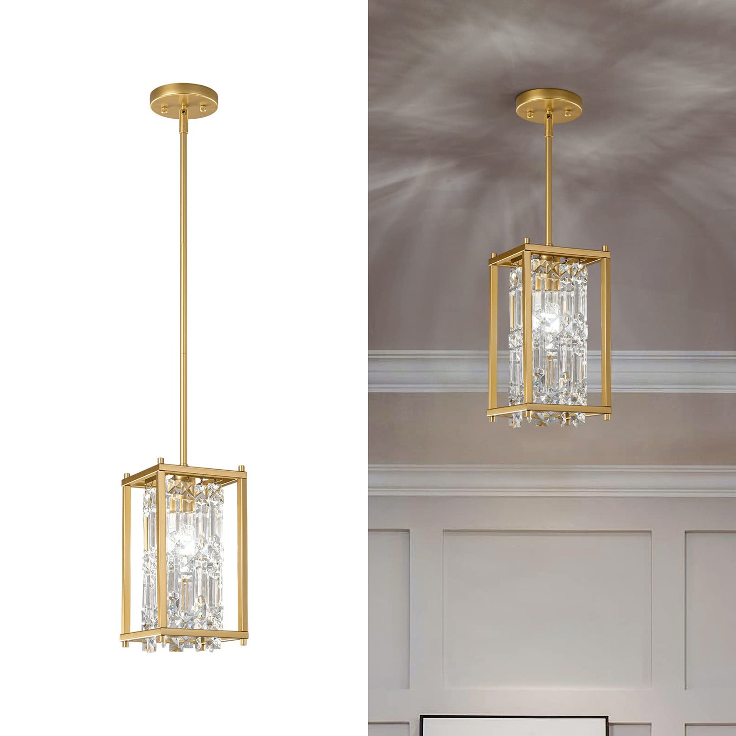 LMQNINE Modern Gold Pendant Light Fixtures for Kitchen Island, Crystal Chandelier Lights Fixture, Elegant Adjustable Pendant Lighting for Dining Room Bedroom (Square 1-Light)