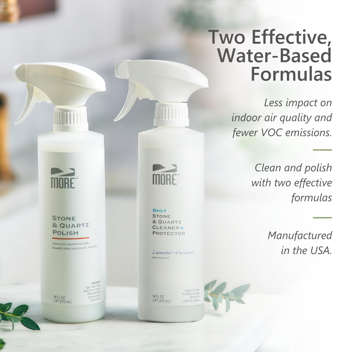 MORE - Twin Pack - Includes Stone & Quartz Cleaner + Polish - Granite, Quartz & Marble Cleaner & Polish - For Kitchen & Bathroom Countertops - Pack of 2 16oz Sprays - Lavender Verbena