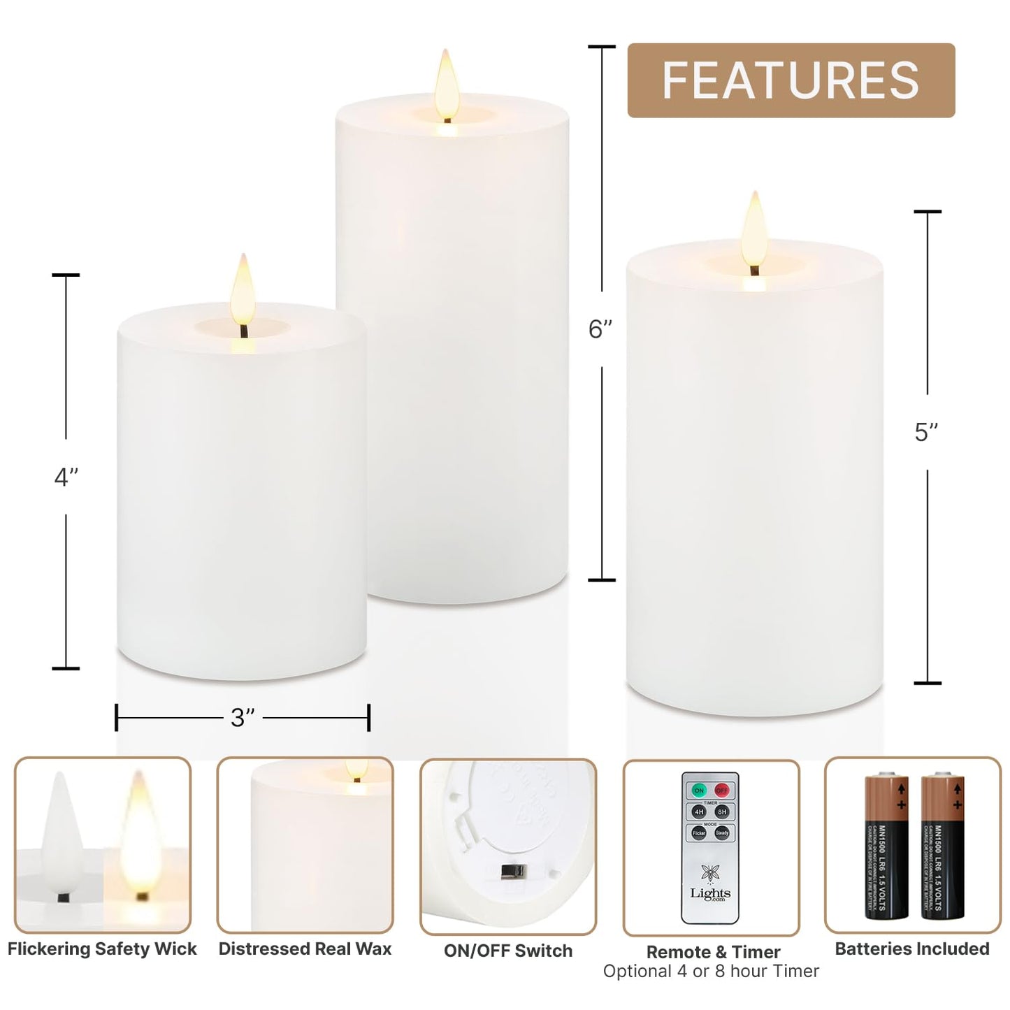 LampLust Realistic Flameless Pillar Candles with Remote - Set of 3, Batteries Included, Real White Wax, 3D Flickering LED Flame, 3 Inch Diameter Pillar Candles for Wedding and Farmhouse Home Décor