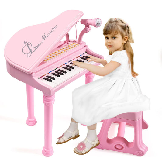 Conomus 31 Keys Piano Keyboard Toy for Kids, Birthday Gift for 1 2 Year Old Girls，Pink Musical Piano Toy for Toddlers with Microphone and Stool