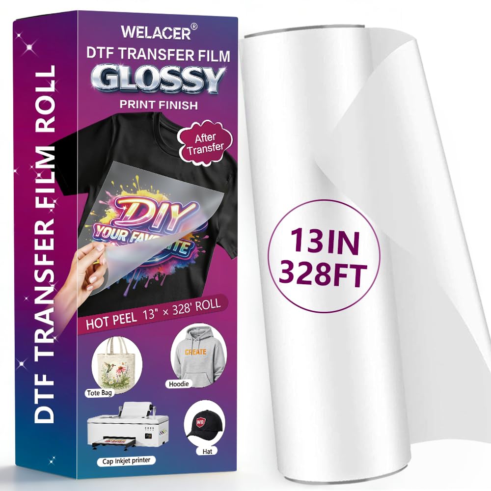Welacer DTF Film Roll, 13" x 328ft – Heat Transfer for T-Shirts & Textiles, Matte PET Film for Glossy Reflective Transfers, Hot & Cold Peel, Single-Sided Printable