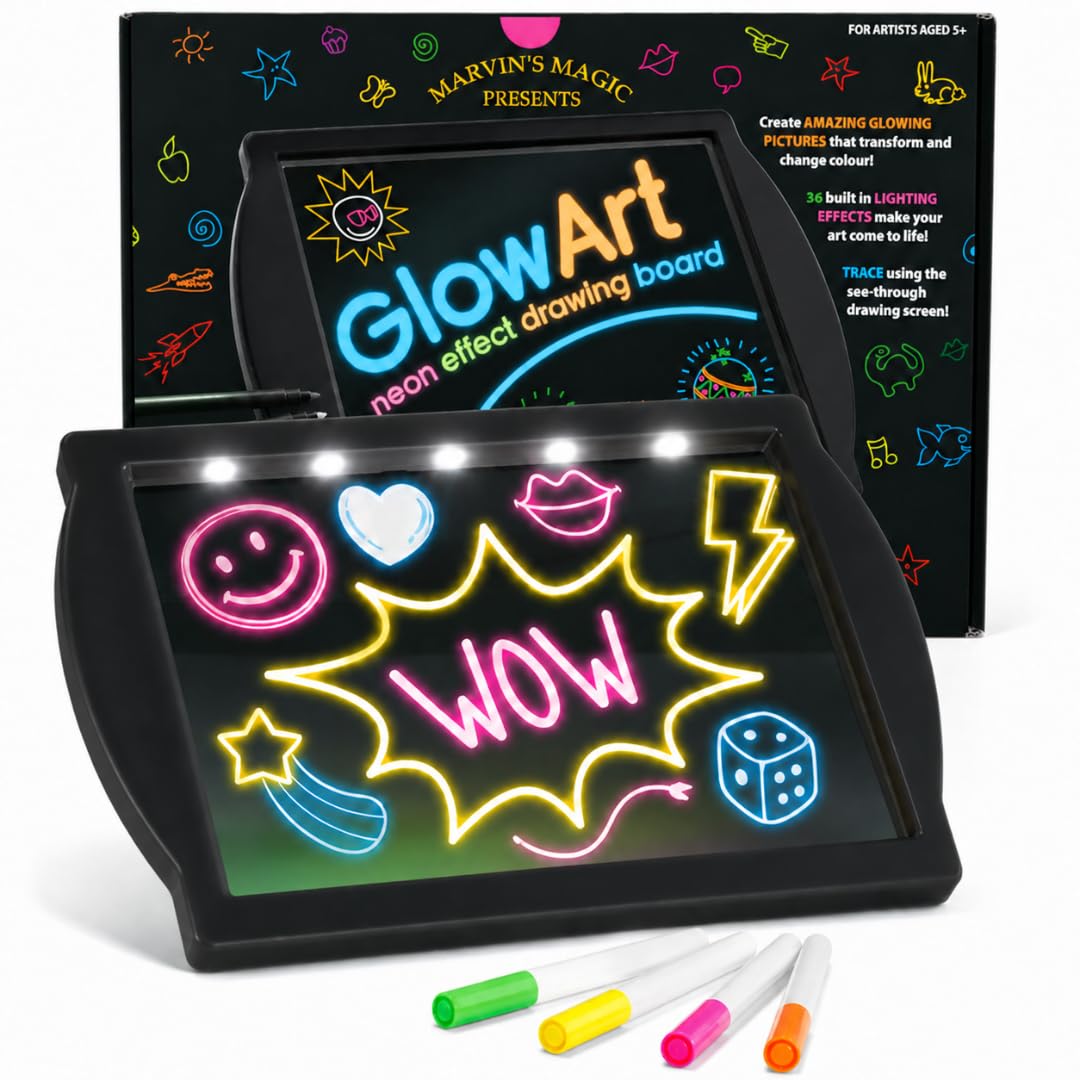 Marvin's Magic - Glow Art Unique Craft Kit | Light Up Kids Art Set | Includes Neon Effect Drawing Board with A Built-in Stand and 4 Fluorescent Magic Pens - Black