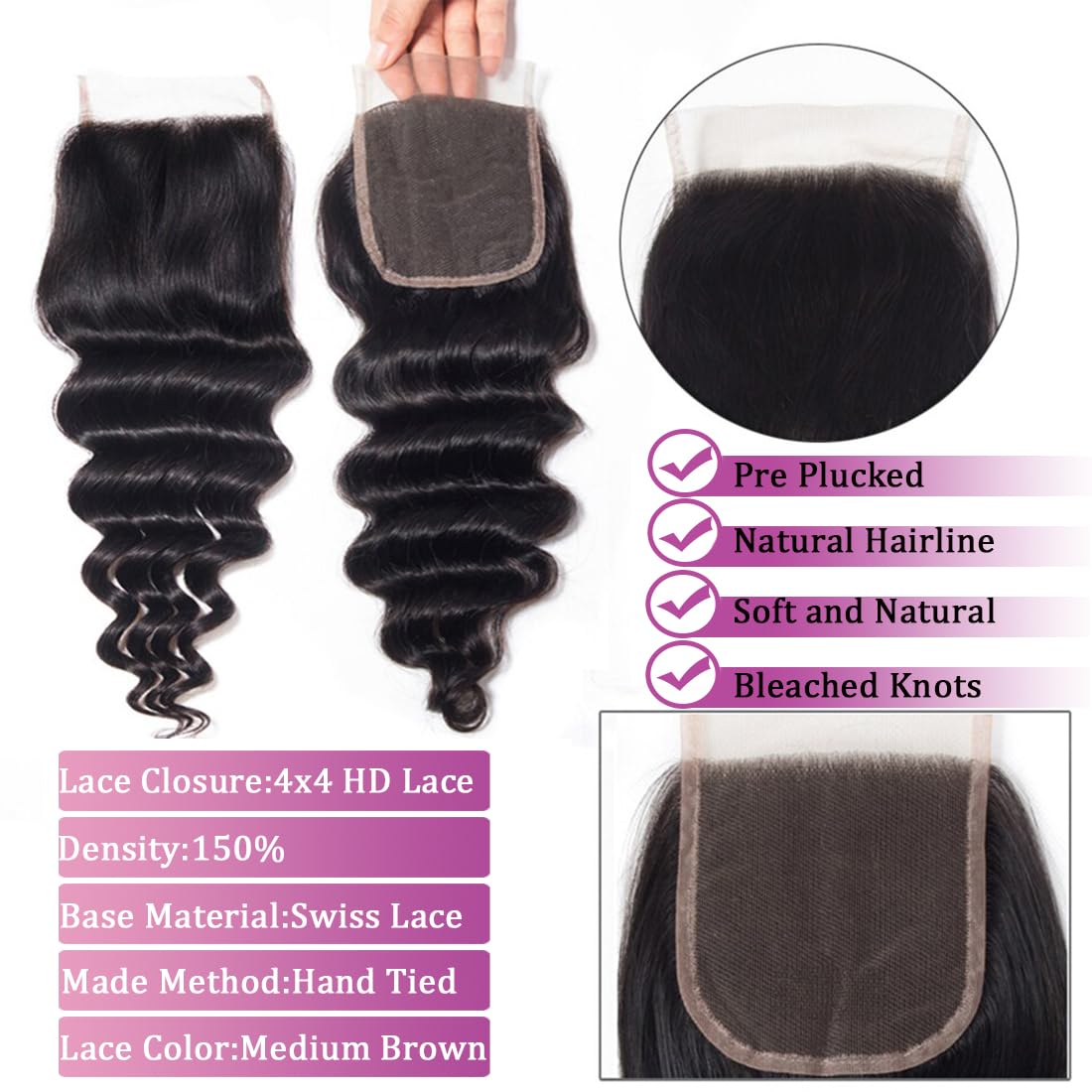Brazilian Loose Deep Wave Bundles with Closure 3 Bundles and Closure Human Hair 10 12 14+10 Inch 100% Unprocessed Raw Wet and Wavy Weave Hair Bundles with 4X4 Closure Natural Black Color for Women