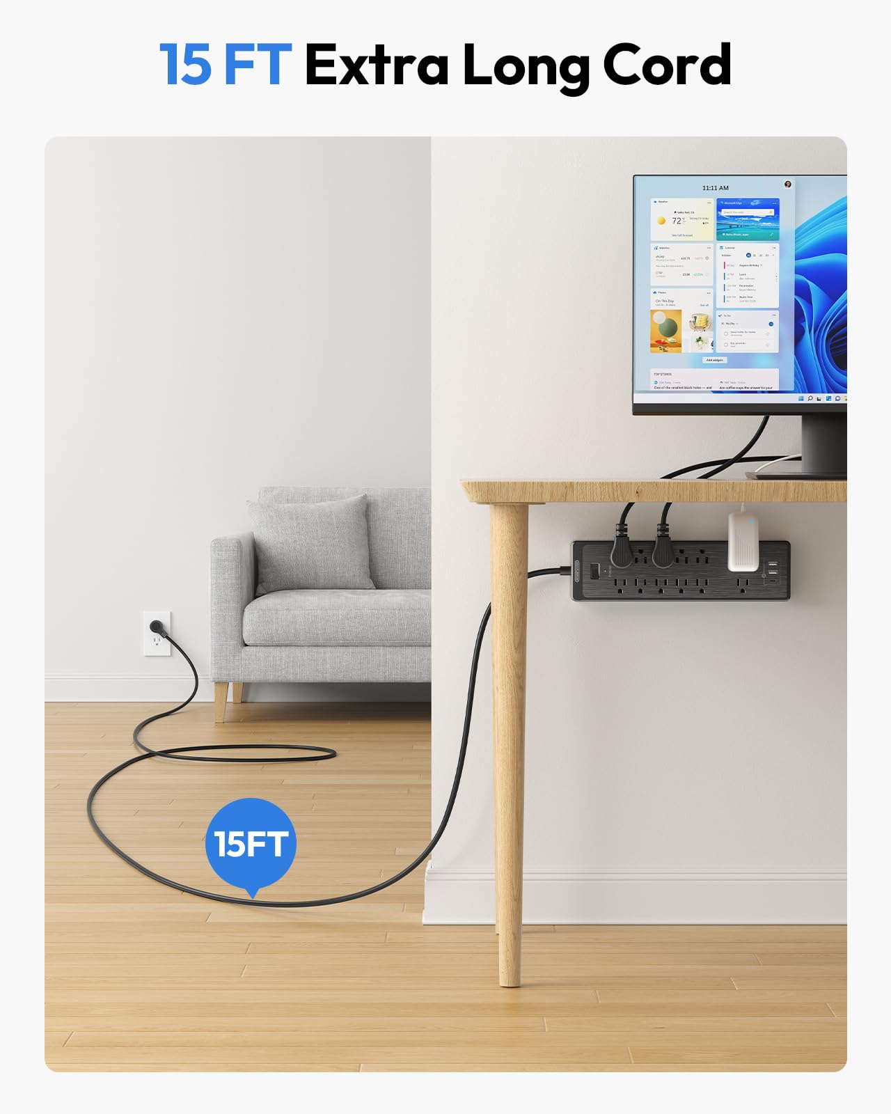 NTONPOWER 15 ft Extension Cord, Flat Plug Surge Protector Power Strip with USB, 12 Outlets Surge Protector Wall Mount, 2100 Joules, 1875W, 15A Circuit Breaker for Home Office Dorm Essentials, Black