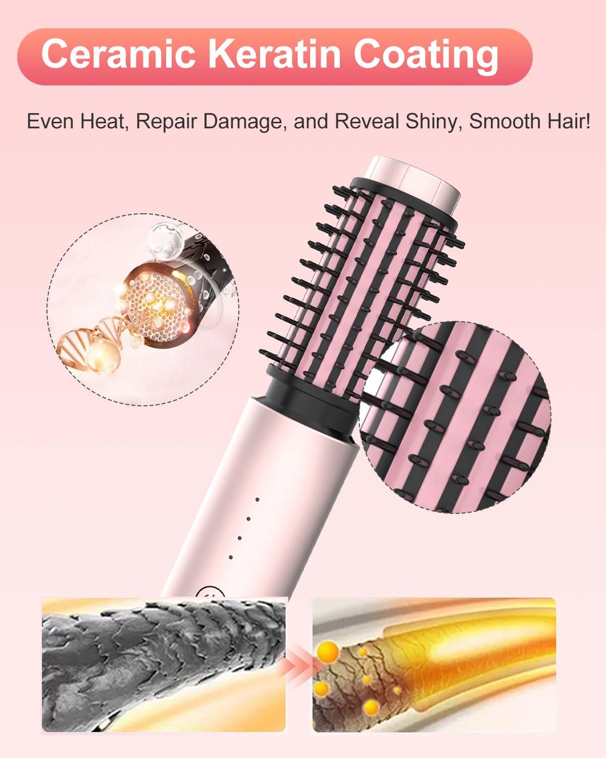 Portable Curling Iron, Bestauty 1.5" Cordless Hair Curler, 2 in 1 Travel Hair Curler & Hair Straightener Brush, Quick Heating 4 Adjustable Temperature 300°F-410°F for Curl/Smooth/Fluffy/Flip-Out Pink