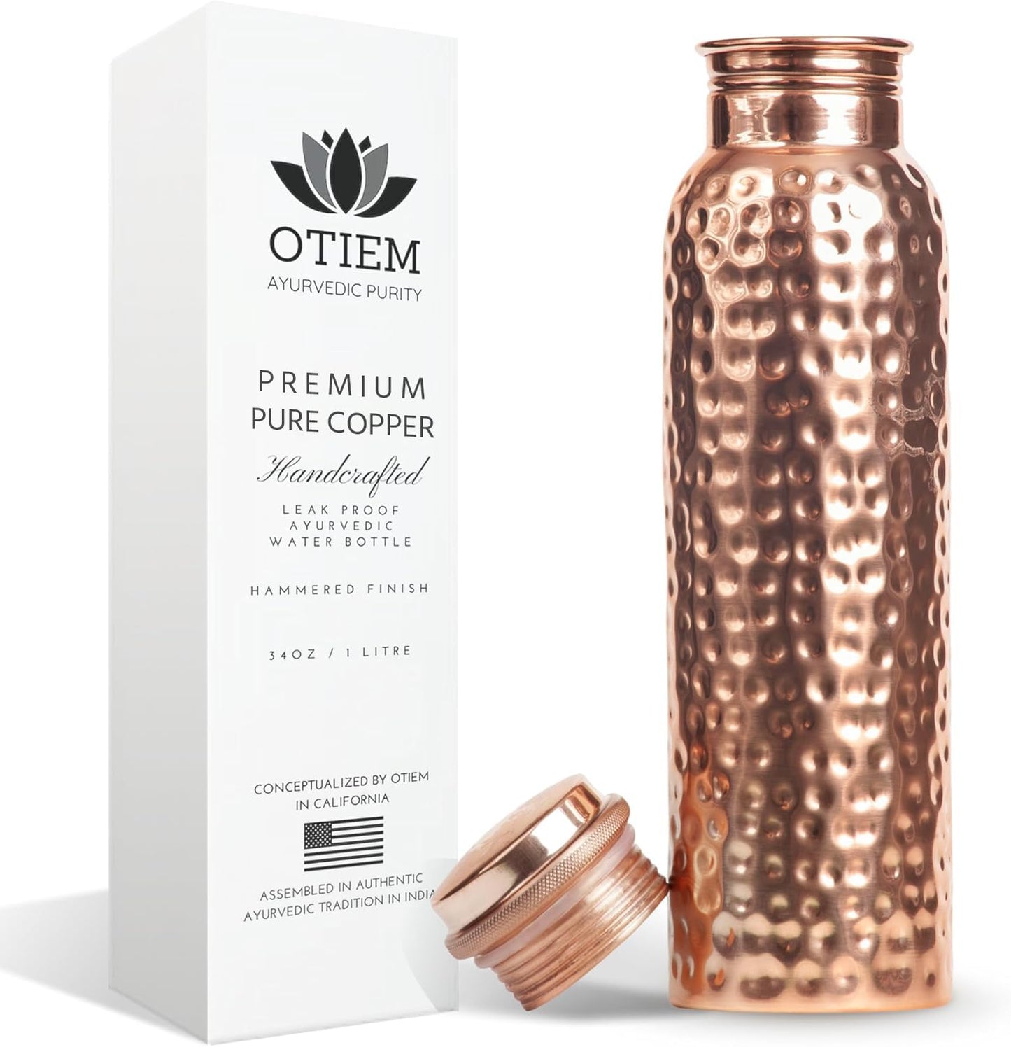 Otiem Pure Copper Water Bottle for Drinking Water, 34 Oz Hammered Finish – Stay Hydrated and Enjoy Ayurvedic Benefits – Leak-Proof, Temperature Retention, Eco-Friendly Design – Durable Copper Bottle