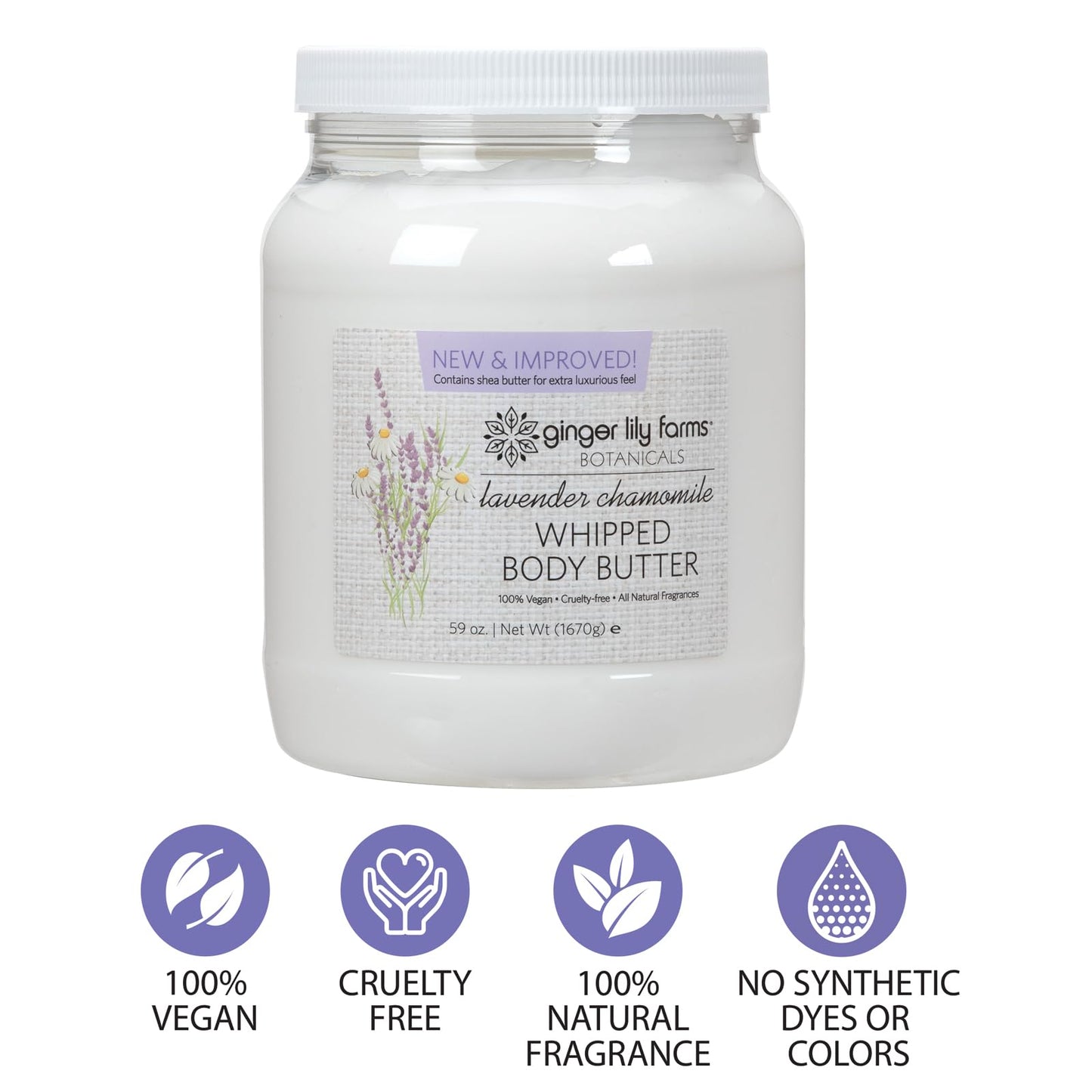 Ginger Lily Farms Botanicals Whipped Body Butter for Dry Skin, Ultra-Hydrating, 100% Vegan & Cruelty-Free, Lavender Chamomile, 59 Ounces