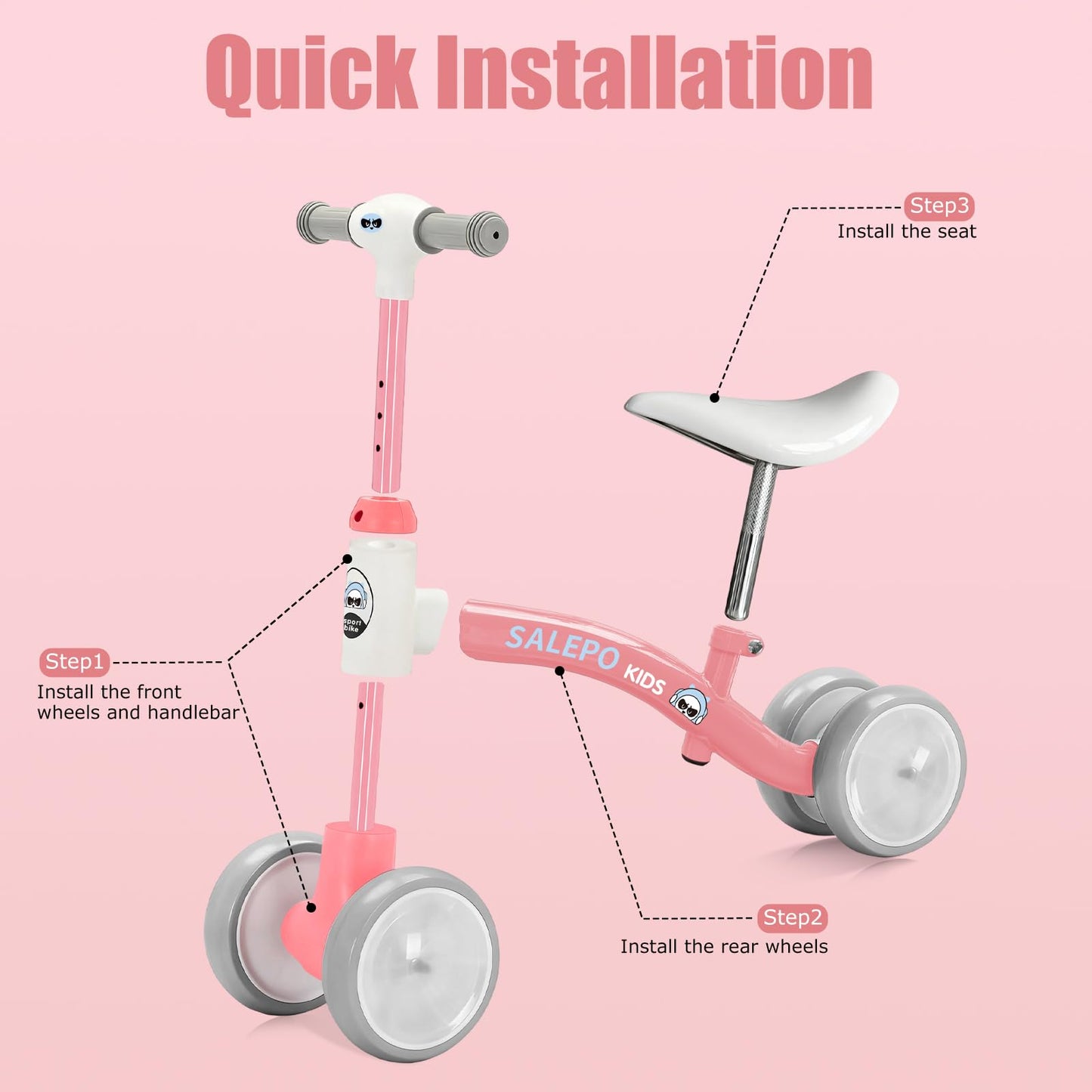 Baby Balance Bike Toy for for 12-36 Months, Toddler Balance Bike with Adjustable Seat, Handle &4 Silence Wheels No Pedal, Pre-School First Ride for Boy Girl First Birthday Gift(Pink)