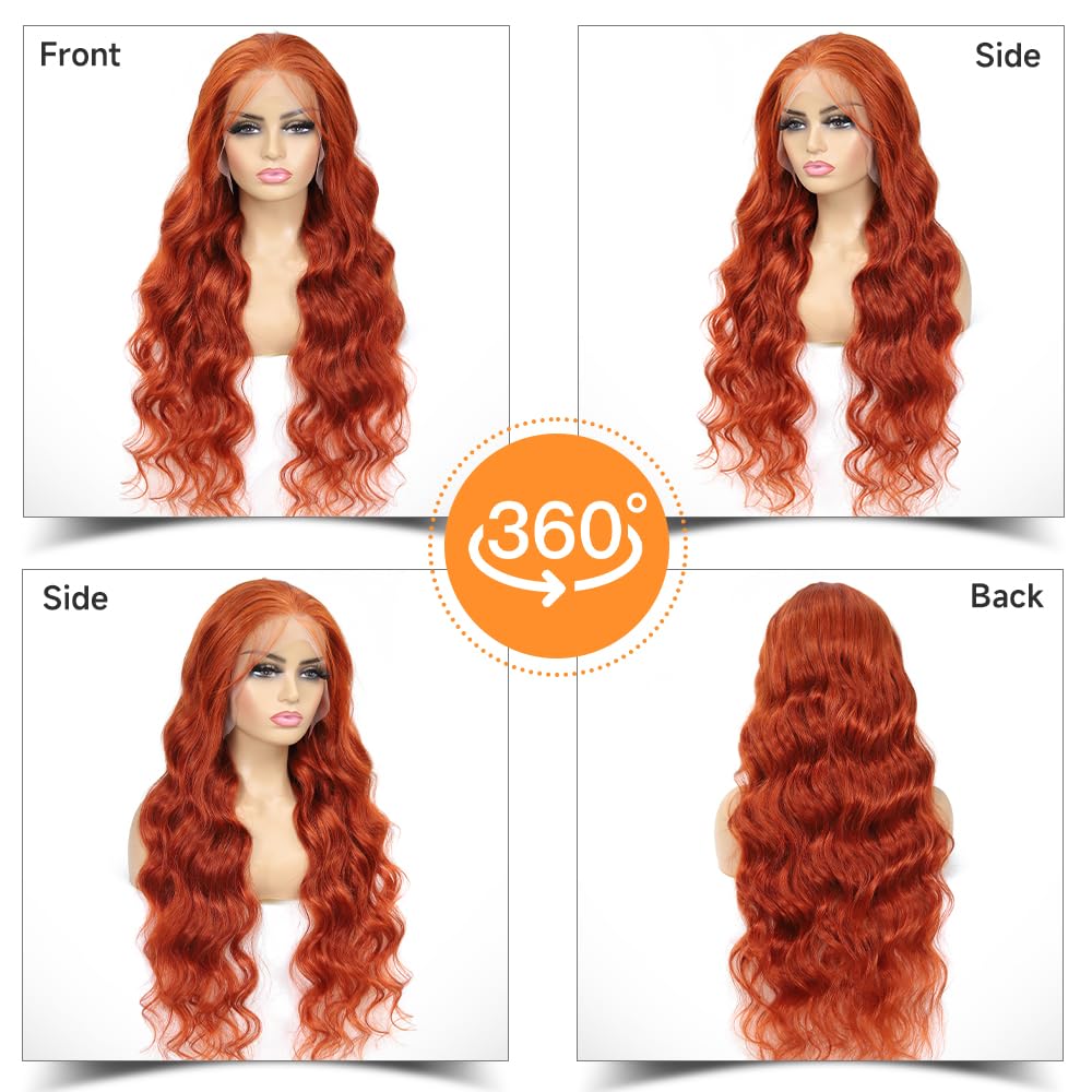 VKVL Ginger Lace Front Wigs Human Hair Pre Plucked 26 Inch 200% Density Hd Lace Front Wigs Human Hair 13x4 Ginger Orange Body Wave Lace Frontal Wigs Human Hair Colored Glueless Wigs