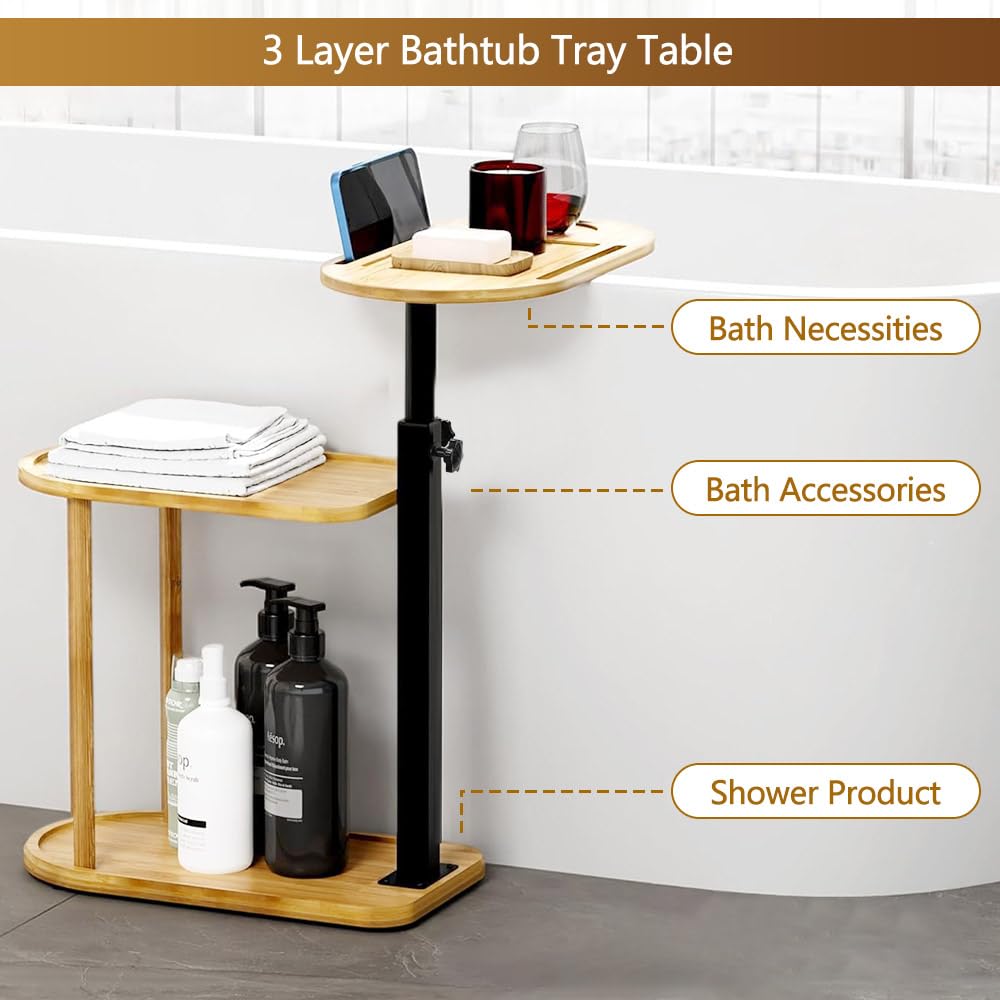 BeGyoku 3 Layer Bathtub Tray Table,Bamboo Swivel Bathtub Side Table Height Adjustable,Freestanding Bathtub Tray for Tub Against Wall,Bathtub Accessories&Bathroom Organizer for Luxury Home Spa-Natural