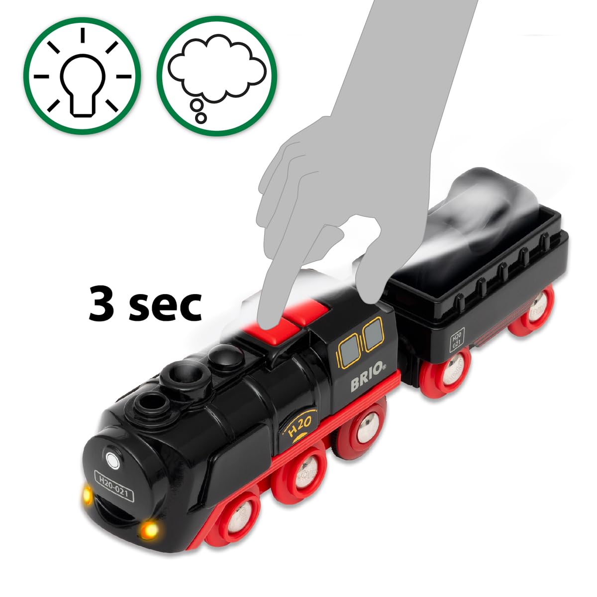 BRIO World Battery-Operated Steaming Train - 3-Piece Motorized Train Engine for Wooden Track with Lights and Kid-Friendly Steam - Interactive Play with Forward/Reverse - for Kids 3 & Up