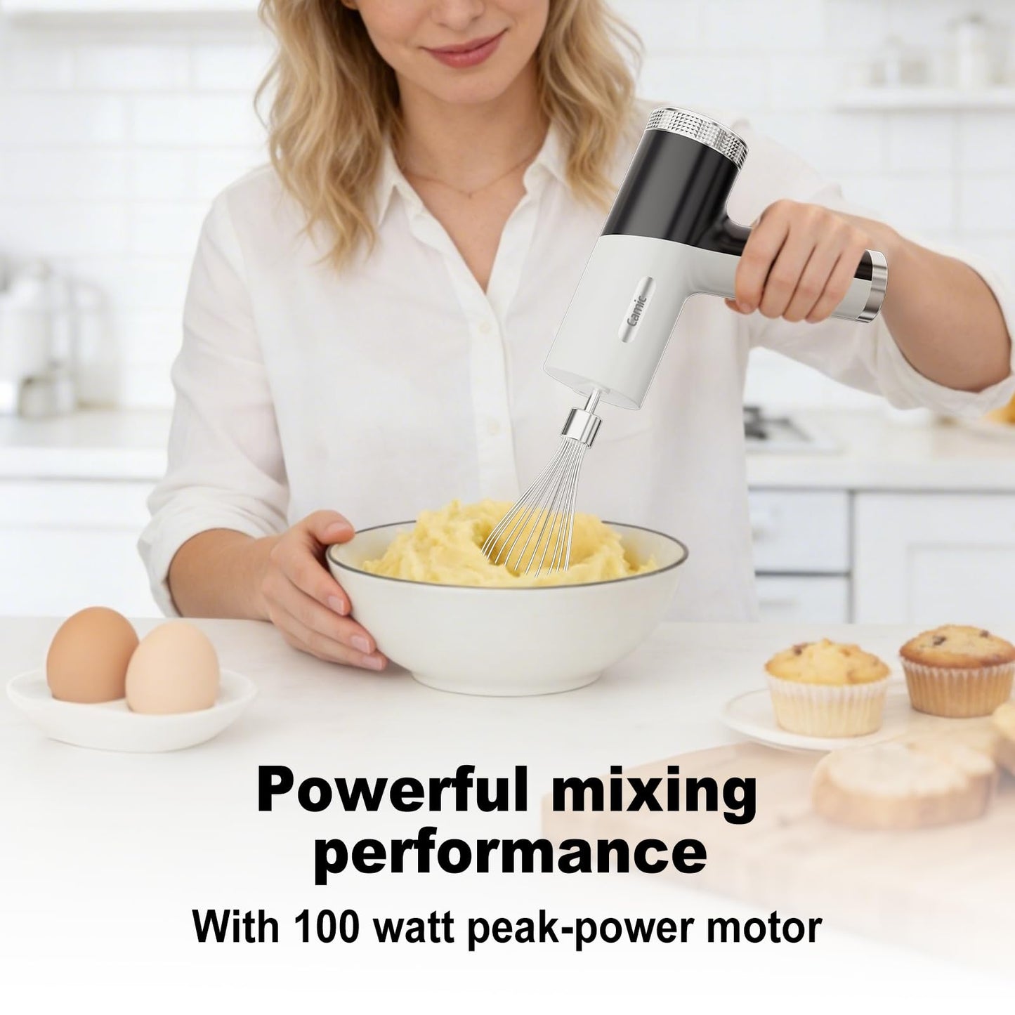 Camic Electric Hand Mixer with 9 Speeds, Powerful Motor, Cordless Hand Mixer with Whisk, Dough Hook and Mixing Rod for Whipping Eggs, Cream, Butter, Jam, Kneading Dough and Blending (White+Black)