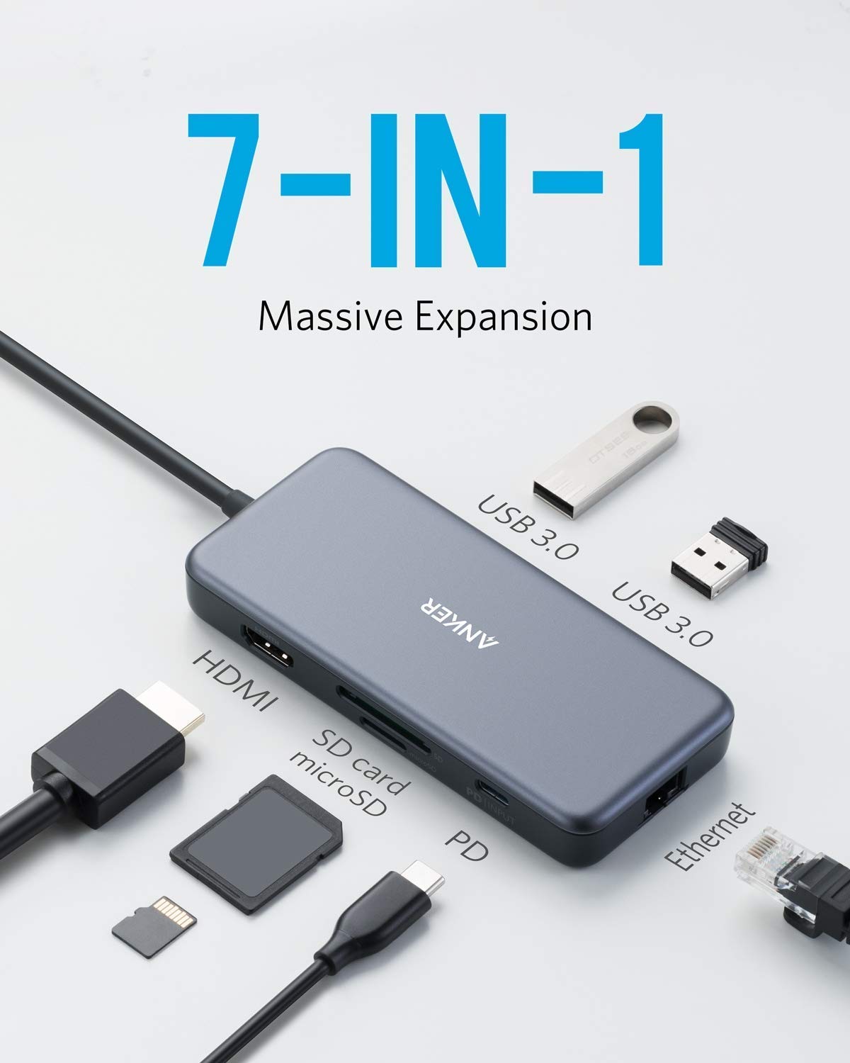 Anker USB C Hub Adapter, PowerExpand+ 7-in-1 USB C Hub, with 4K USB C to HDMI, 60W Power Delivery, 1Gbps Ethernet, 2 USB 3.0 Ports, SD and microSD Card Readers, for MacBook Pro and Other Laptops