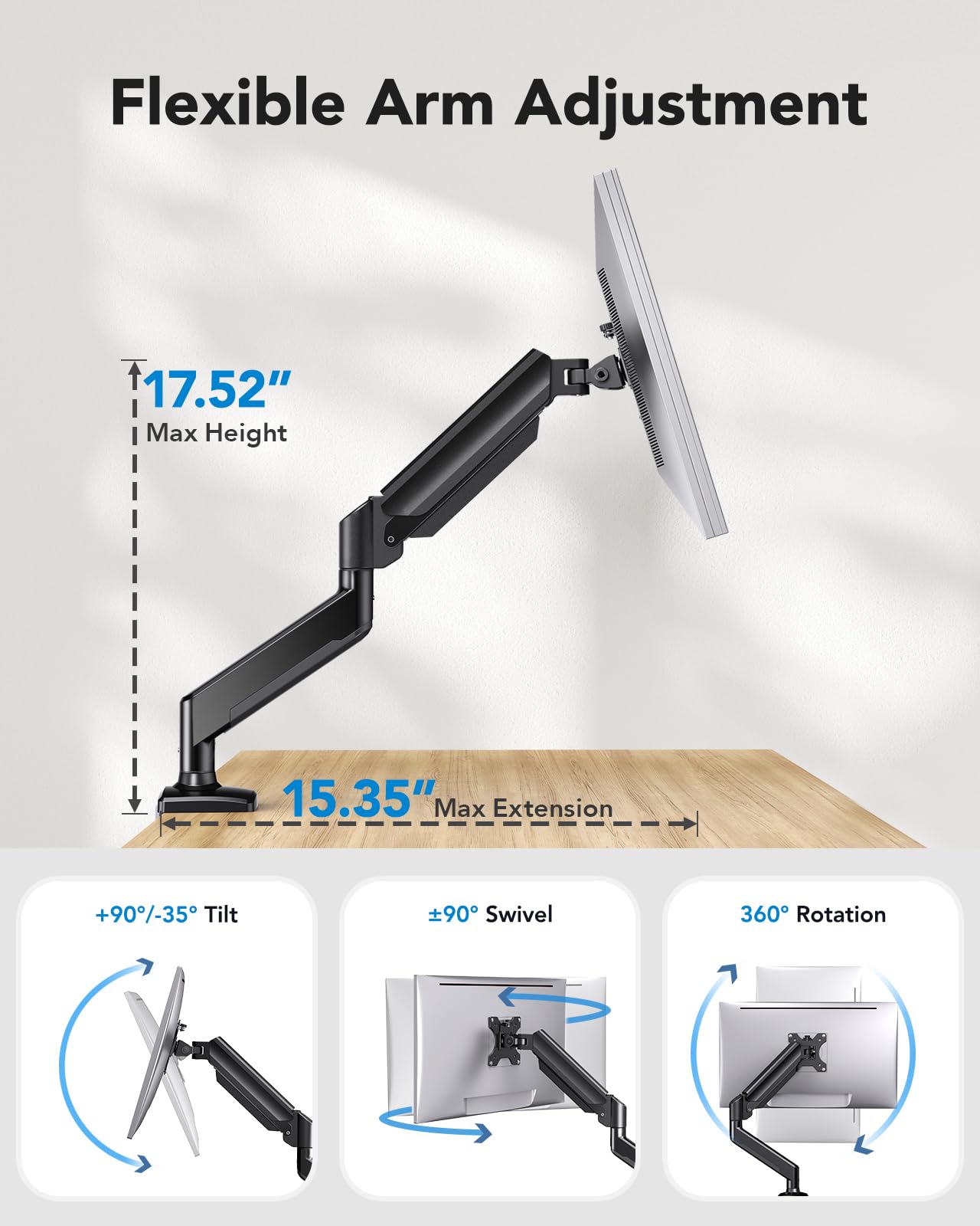 HUANUO Single Monitor Mount for 13-32 inch, Adjustable Gas Spring Monitor Arm, 4.4-22lbs Screen, Monitor Stand with VESA Mount 75x75/100x100, C-Clamp/Grommet Base