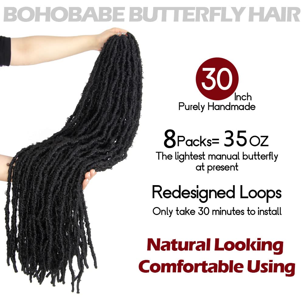 30 Inch Light Weight Butterfly Locs Crochet Hair 8 Packs Long Black Distressed Butterfly Faux Locs Crochet Hair, 1B