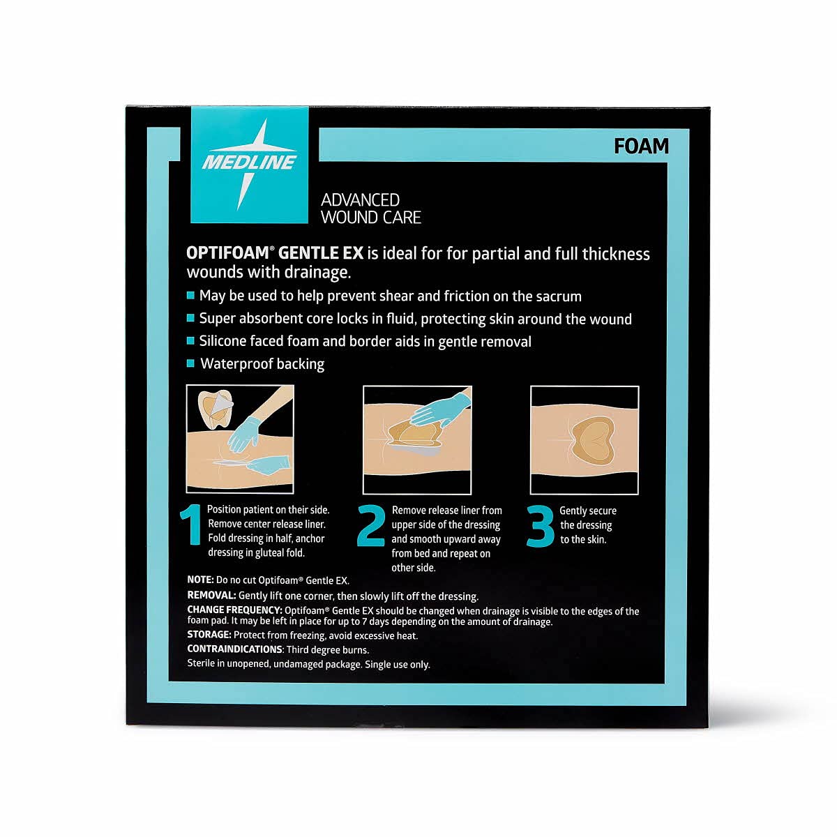 Medline Optifoam Gentle EX Bordered Foam Adhesive Dressing, 9" x 9" Sacral (5 Count)