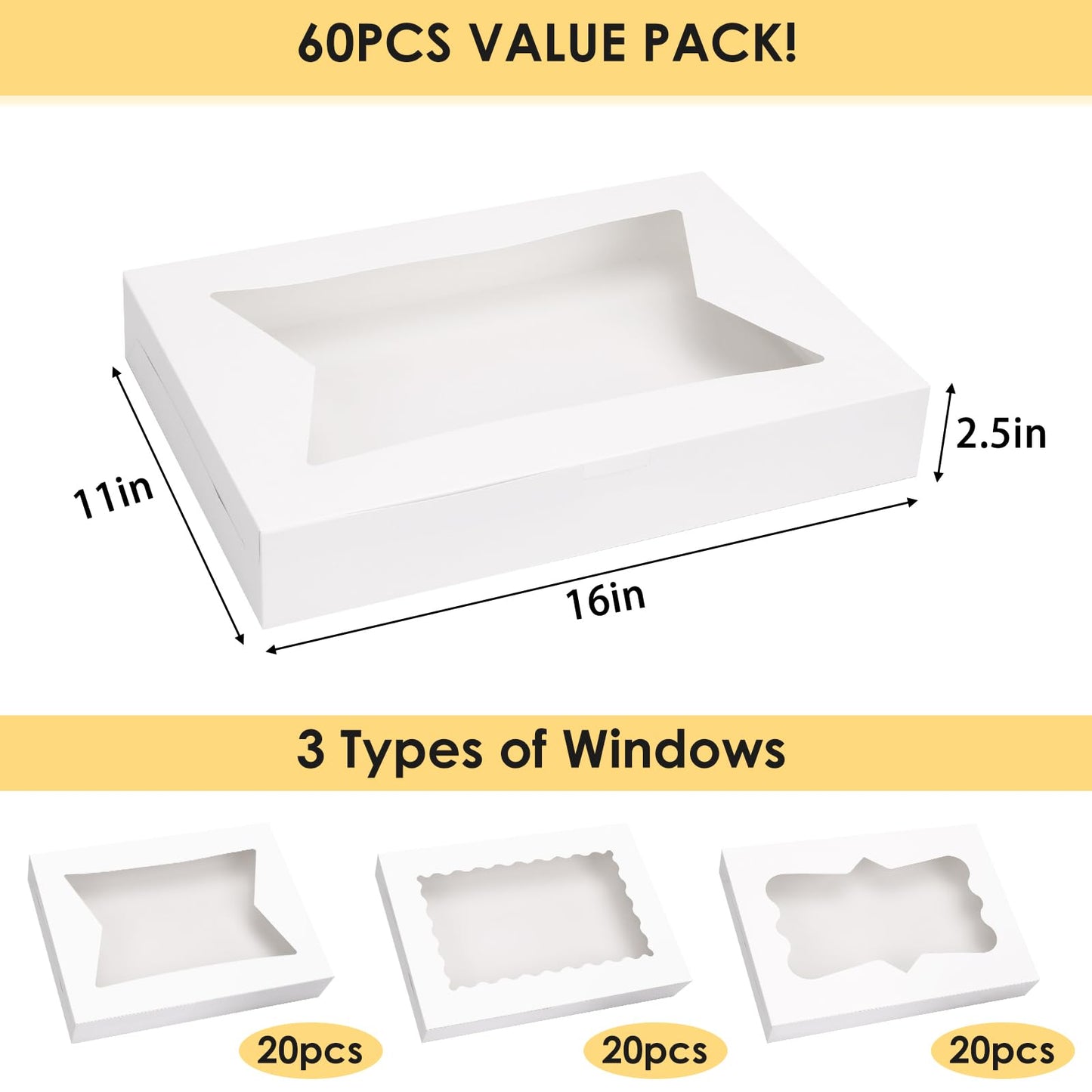 Moretoes 60pcs 16x11x2.5 Inch Cookie Boxes (Not Popup), Bakery Boxes with 3 Style Window for Pastries, Pies, Muffins, Chocolate Covered Strawberries