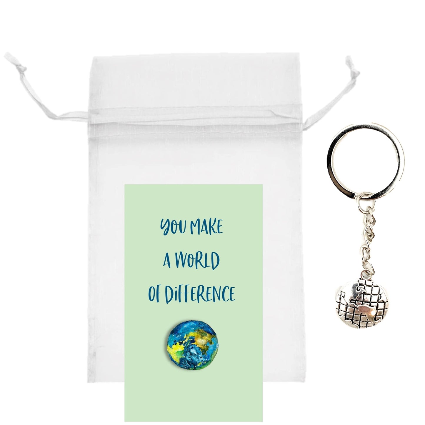 Smiling Wisdom - 20 Bulk Gifts - You Make A World of Difference - Staff Employee Appreciation 3.5x2in Cards & Keepsake Gifts - 60pcs - Silver World Keychains