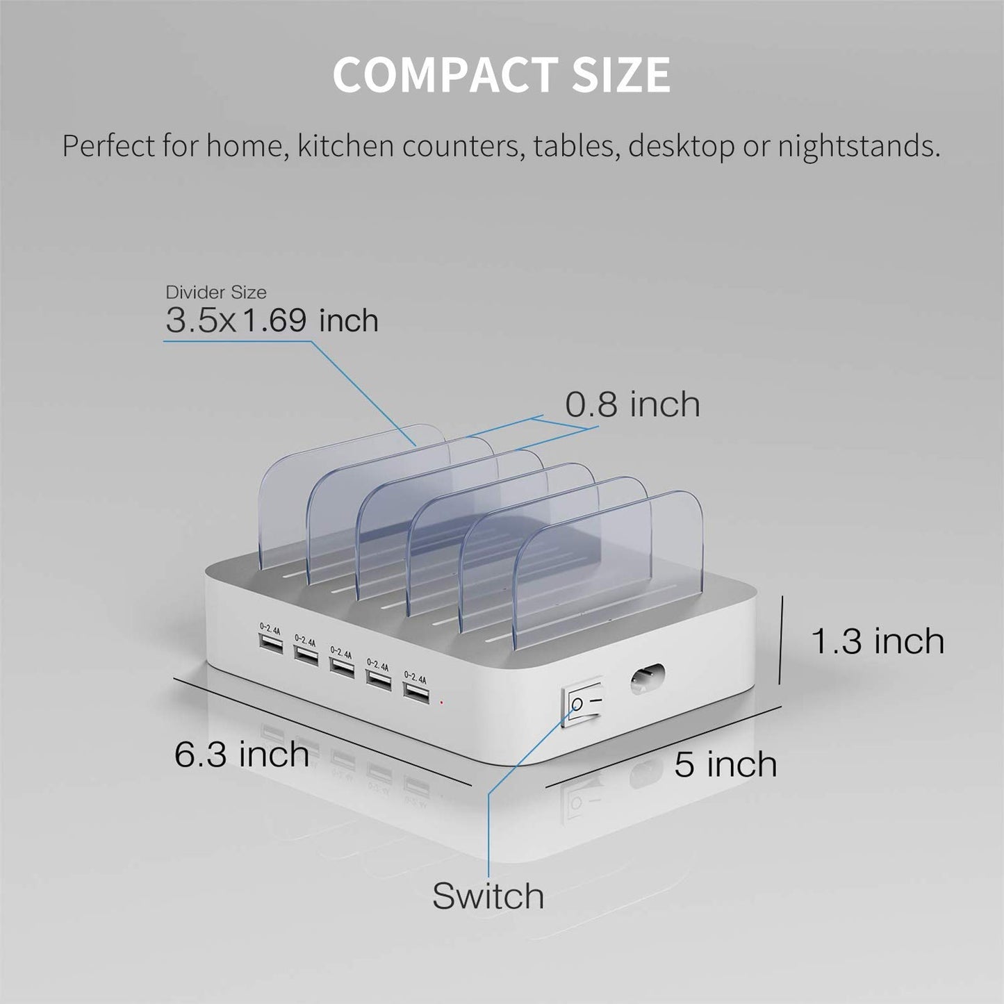 Charging Station for Multiple Devices, MSTJRY 5 Port Multi USB-A Charger Station with Power Switch Designed for iPhone iPad Cell Phone Tablets (White, 6 Mixed Short Cables Included)