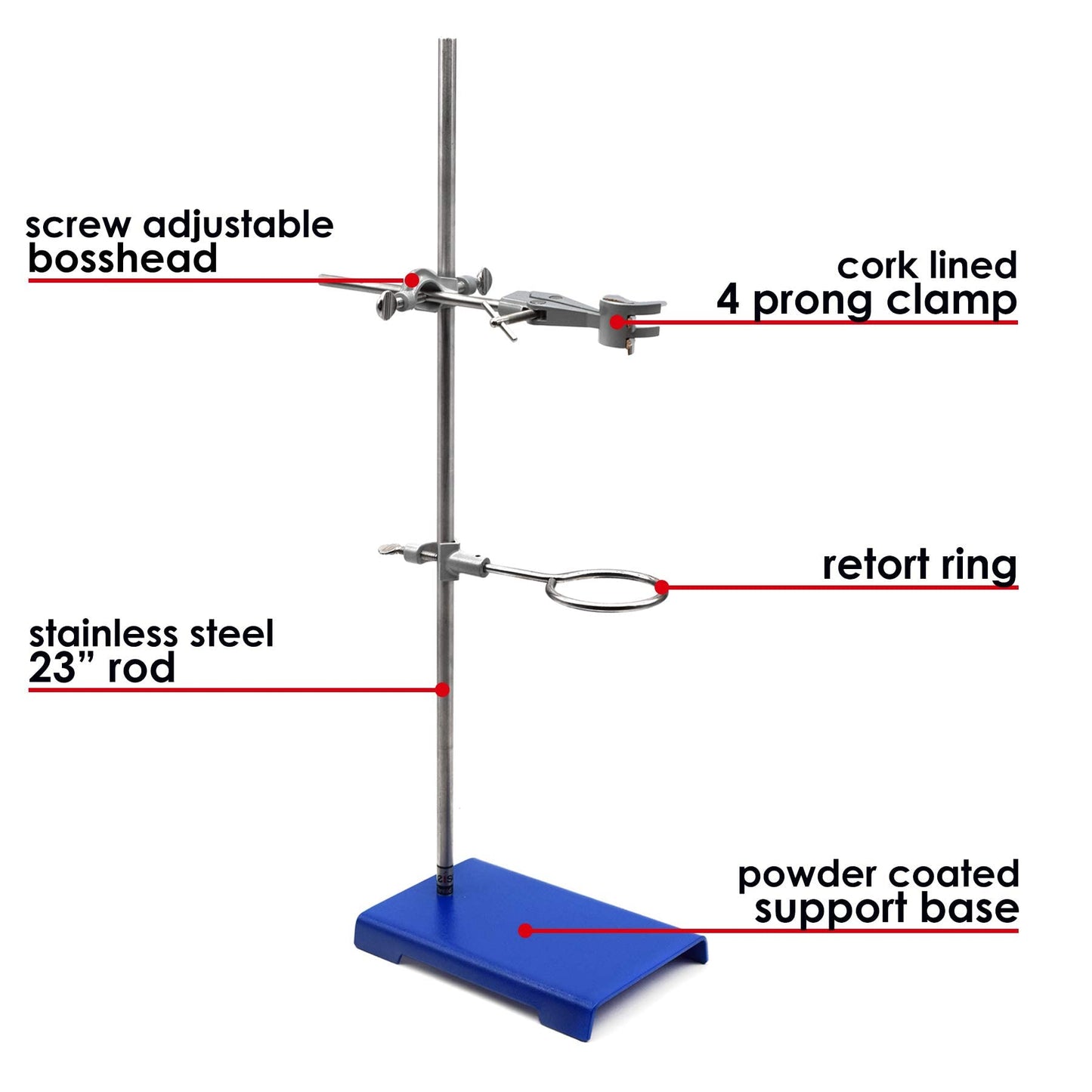 EISCO Chemical Resistant Steel Ring Stand Set - Lab Stand Support with Clamp - 8 Inch x 5 Inch Base, 24 Inch Rod - Use as Glass Funnel Stand or Test Tube Holder