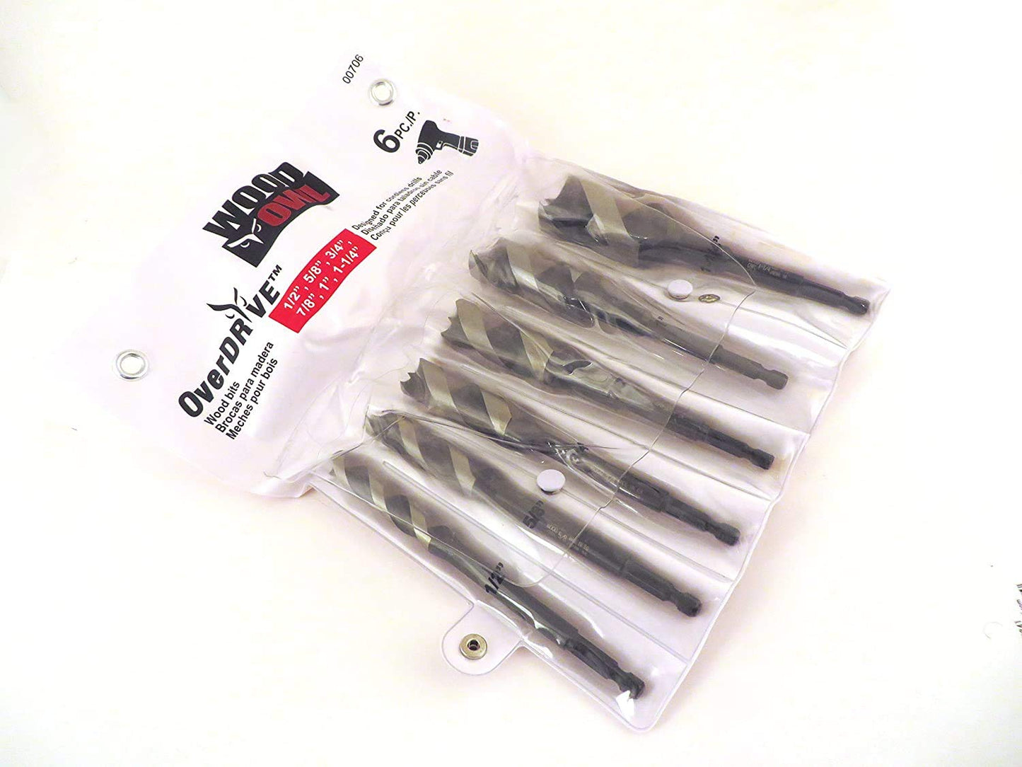 Wood Owl 6 Piece Set OverDrive Fast Boring Ultra Smooth Auger Brad Point Boring Bits Containing the Following Sizes 1/2”, 5/8”, 3/4”, 7/8”, 1” and 1 1/4” 00706