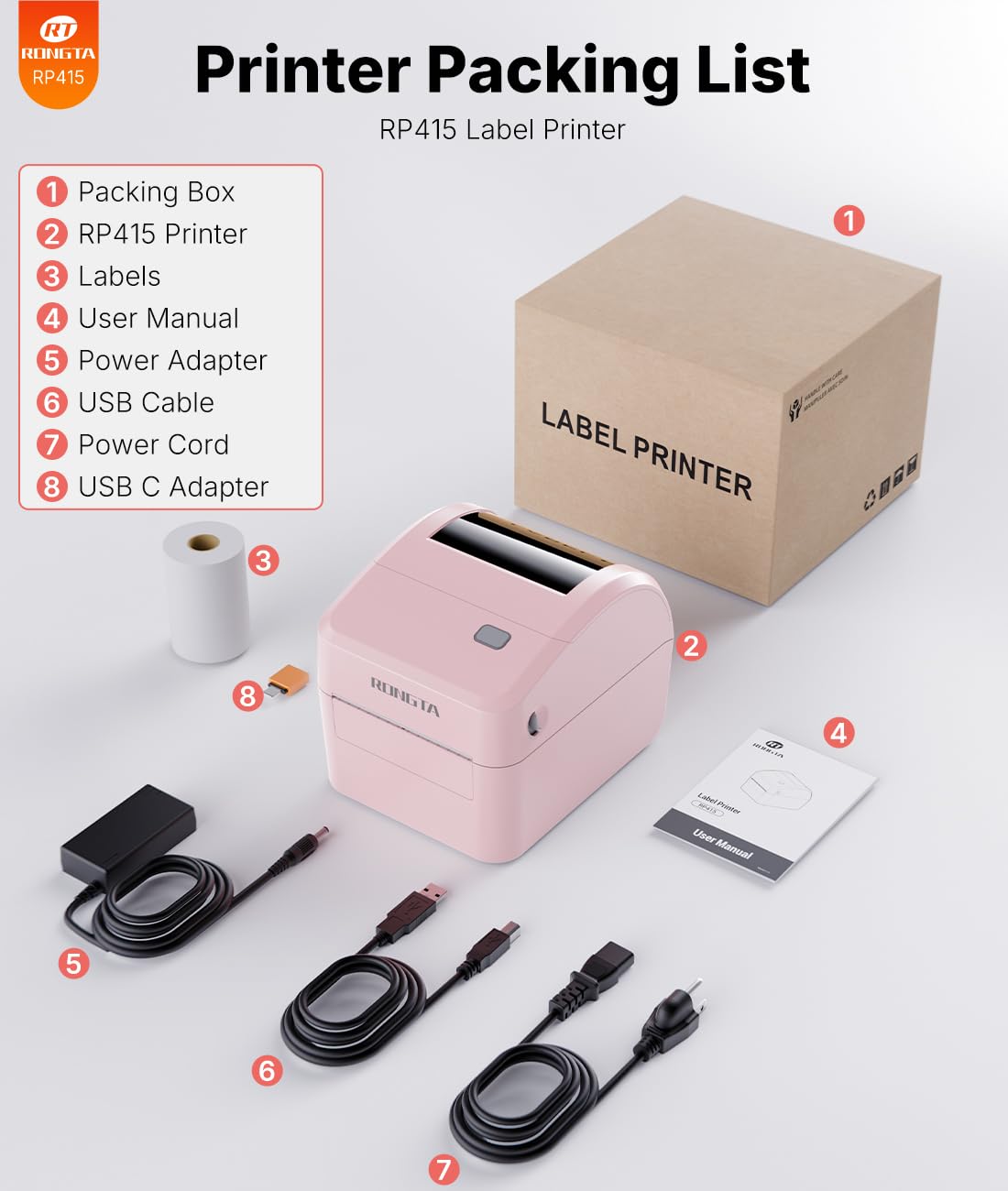 Rongta 4x6 Bluetooth Shipping Label Printer - Thermal Label Printer for Shipping Packages, Small Business, Home, Office, Compatible with Amazon, Tiktok, Etsy, USPS, Commercial Grade, Pink