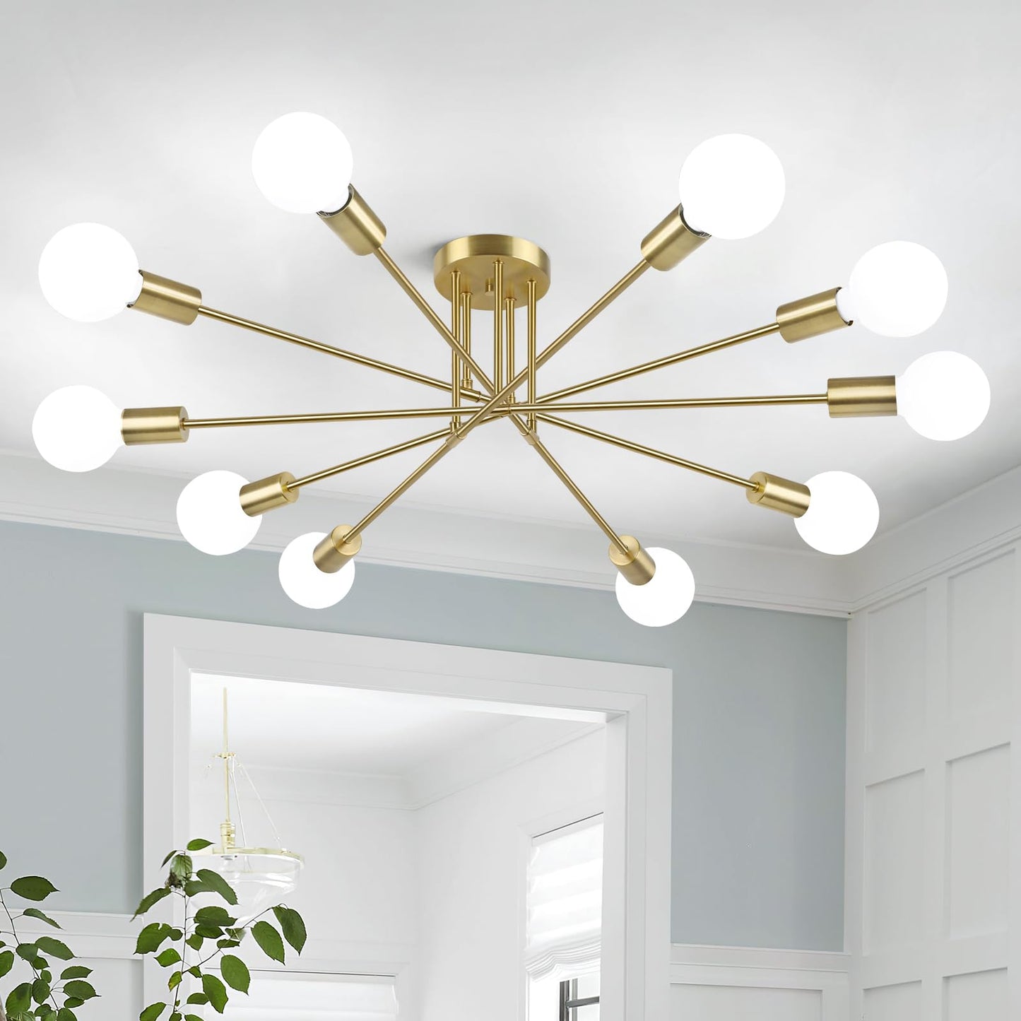 Semi Flush Mount Ceiling Light Fixture, 10-Light Modern Gold Sputnik Chandelier Industrial Ceiling Lamp for Kitchen Dining Room Living Room Bedroom Foyer