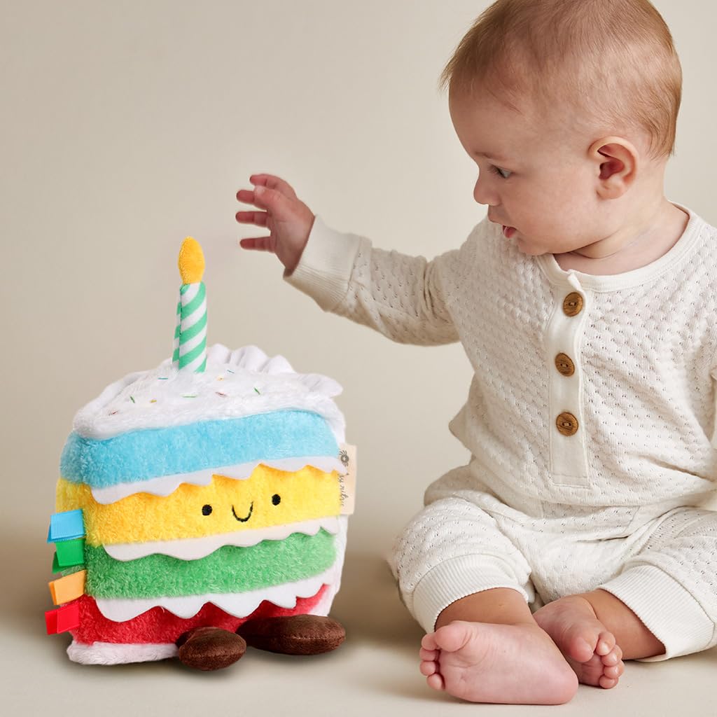 Itzy Ritzy Snuggles Plush Toy – Soft Stuffed Animal for Babies, Kids & Adults – Sensory Ribbons & Textured Fabrics for Tactile Play – Cozy & Cuddly Companion for Newborns & Up (Birthday Cake)