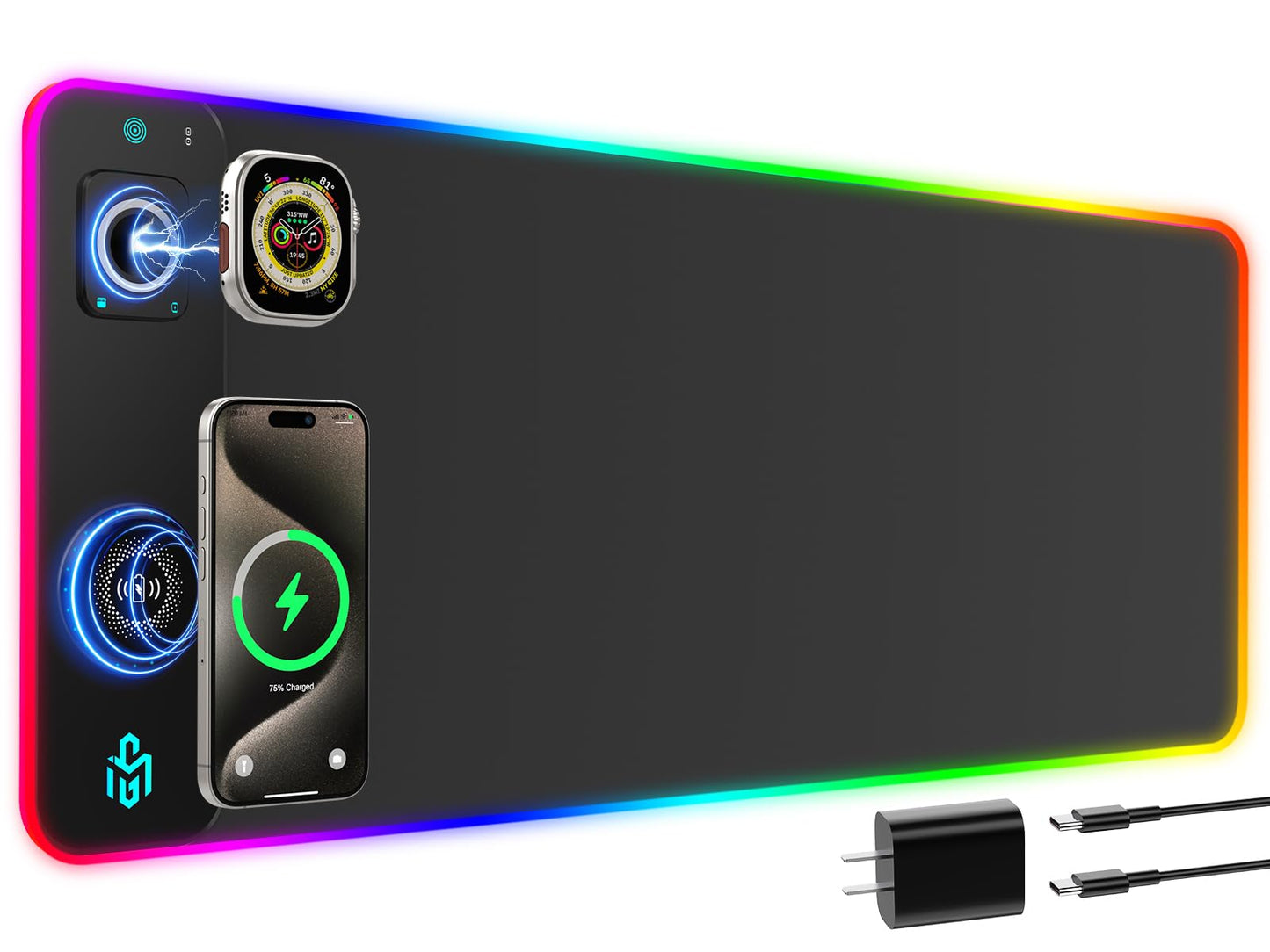 GIM RGB Gaming Mouse Pad with Simultaneous Charging for Phone & iWatch, LED Mouse Mat 800x300x4MM, 14 Light Modes, Non-Slip Rubber Base, Computer Keyboard Mat for Gaming, 20W PD Adapter Included