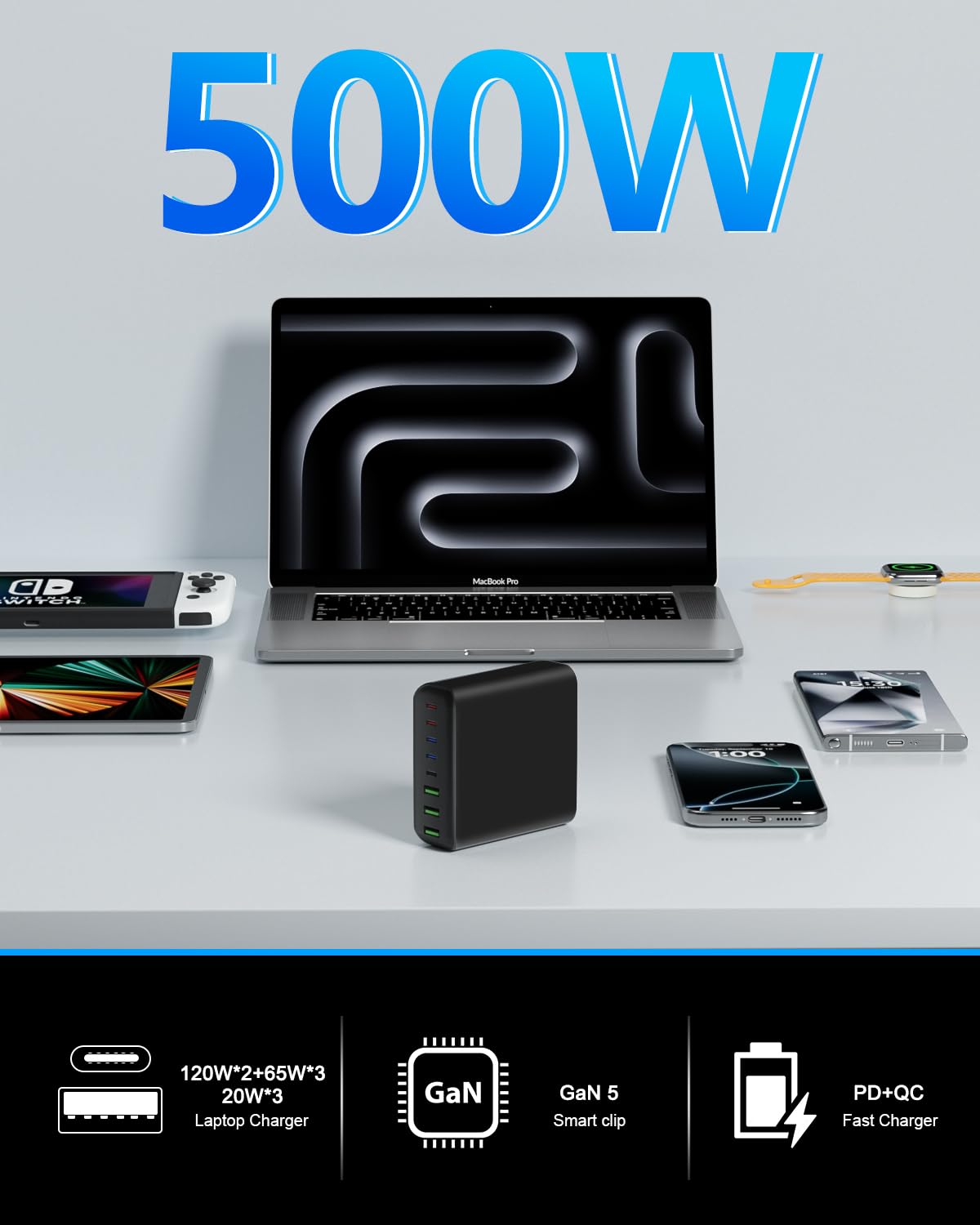 USB C Charger Block 500W, USB C Charging Station 8 Port USB Fast Charging PD 120W Laptop Charger Compatible with DELL HP Surface MacBook Pro/Air/All iPad iPhone 16/15/14/13/Pro Max/Galaxy Note