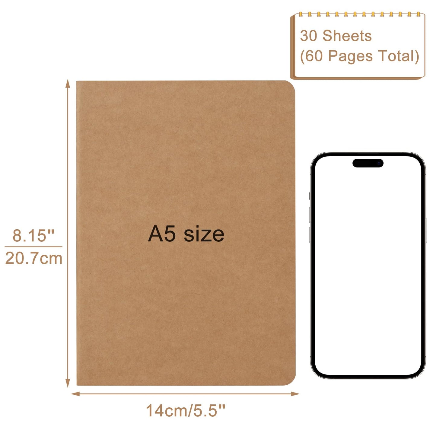 ZCZN 100 Pack A5 Kraft Notebooks Bulk, 8.15x5.5 Inches Blank Journaling Notebooks, Notebooks for Work, Composition Notebooks for School, Journal notebooks for kids, 60 Pages