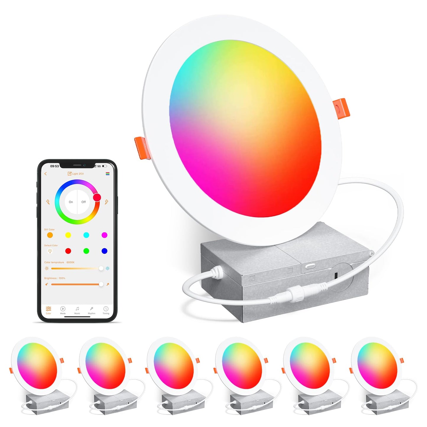 Smart Recessed Lighting 6 Inch RGBCW Color Changing 16W LED Recessed Ceiling Light with Junction Box,1350LM Canless LED Downlight Compatible with Alexa,Dimmable by Bluetooth Control -6 Pack
