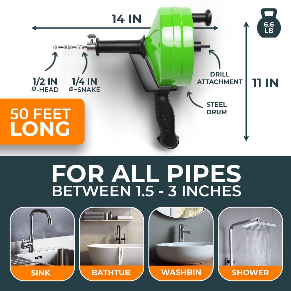 MEISTERFAKTUR drain snake [50FT] - with drill attachment - Ideal plumbing snake for sink and drain unblocking - Solid drain auger for real DYIs! (50 FT - 1/4 inch)