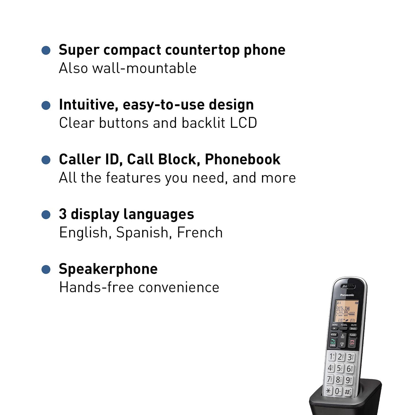 Panasonic Compact Cordless Phone with DECT 6.0, 1.6" Amber LCD and Illuminated HS Keypad, Call Block, Caller ID, Multiple Display Languages - 2 Handset - KX-TGB812S (Black/Silver)