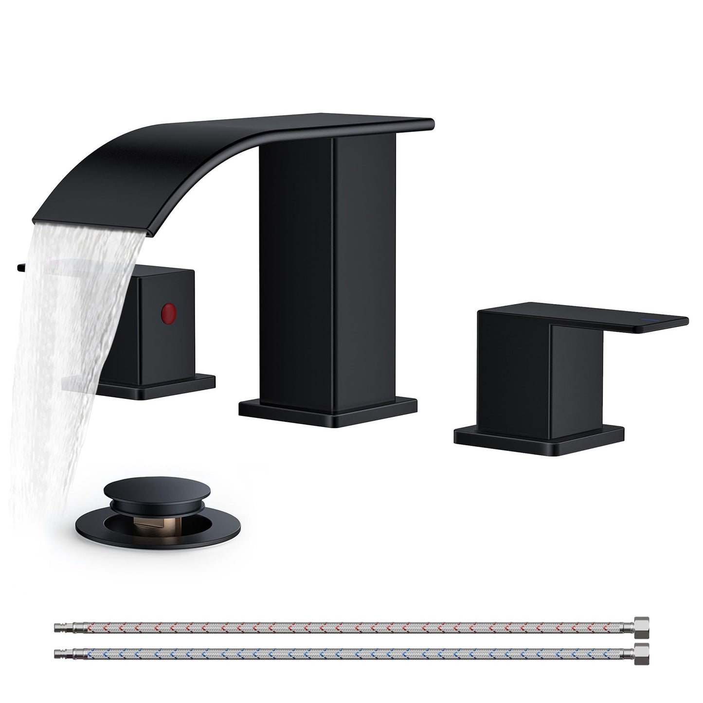FORIOUS Square Matte Black Bathroom Faucets 3 Hole, Waterfall 8 Inch Widespread Bathroom Sink Faucet with Metal Pop-up Drain and Supply Lines, Two Handles for Vanity, RV, Farmhouse
