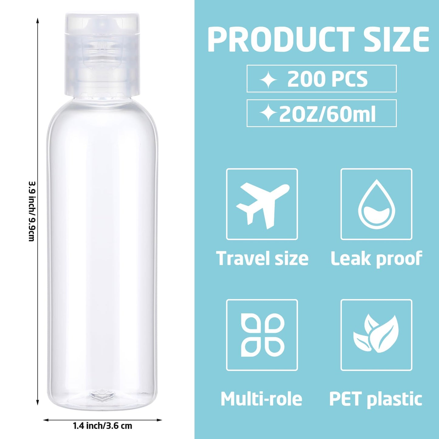 Zhehao 200 Pcs 2 oz Clear Plastic Empty Bottles Small Travel Size Bottles with Flip Cap Empty Transparent Dispenser Container for Liquids Toiletries Shampoo Lotion(Colorless Cap)