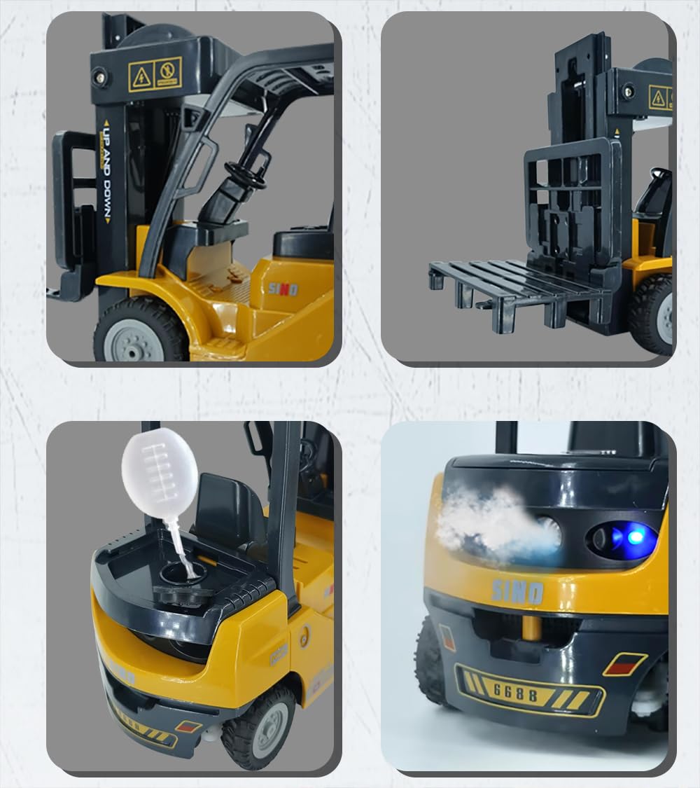 KNACKTOYZ Remote Control Forklift with Flatbed Truck, 11 Channel RC Forklifts with Spray, Cool Lights & Sound, 2 in 1 Lift Fork & Hook, Crane Construction Toys for Boys, Birthday Gift for Kids 3+